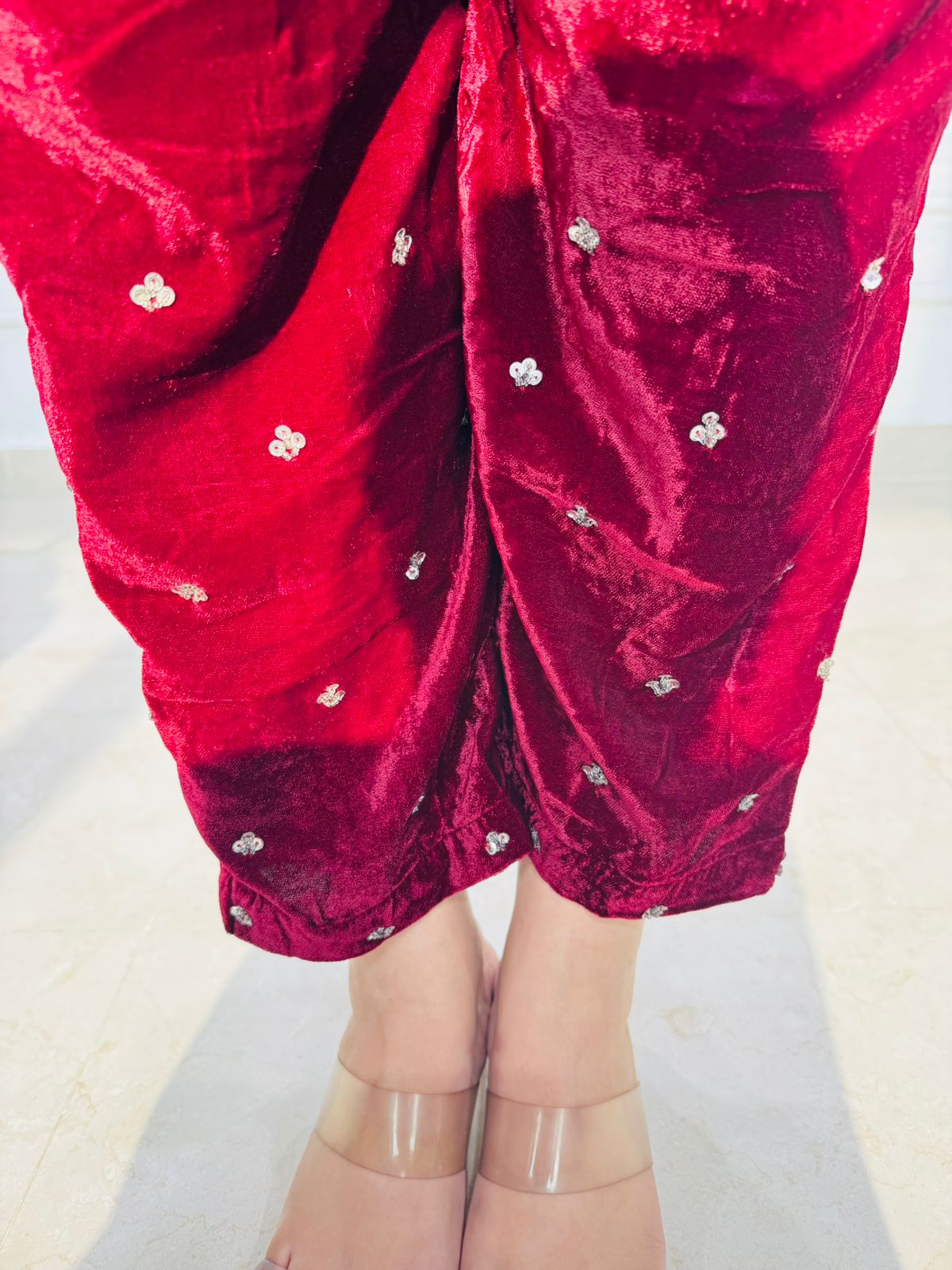 Elara | Wine Velvet Mirror Work Kaftan Kurta Pant Set for Women | Premium Party & Festive Wear