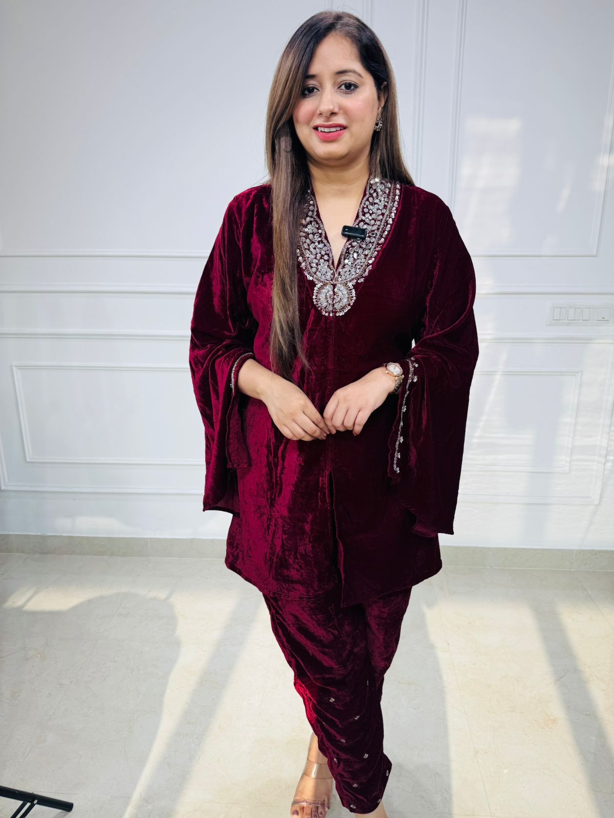 Elara | Wine Velvet Mirror Work Kaftan Kurta Pant Set for Women | Premium Party & Festive Wear