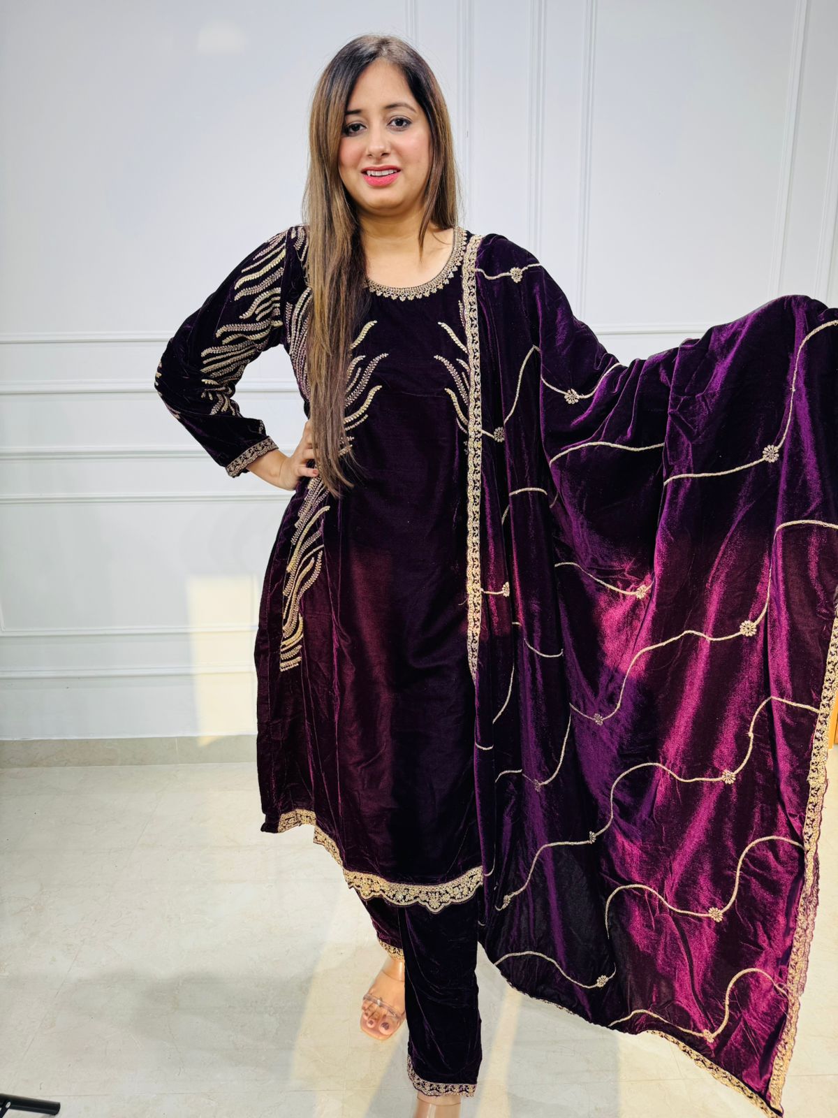 Liana | Purple Velvet Zari Embroidered Kurta Pant Set with Cape Dupatta | Designer Ethnic Party Wear