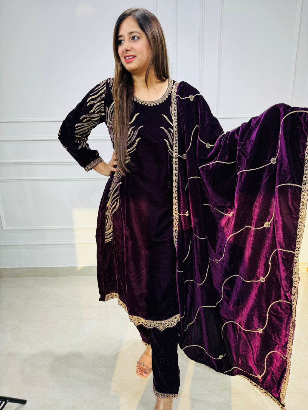 Liana | Purple Velvet Zari Embroidered Kurta Pant Set with Cape Dupatta | Designer Ethnic Party Wear