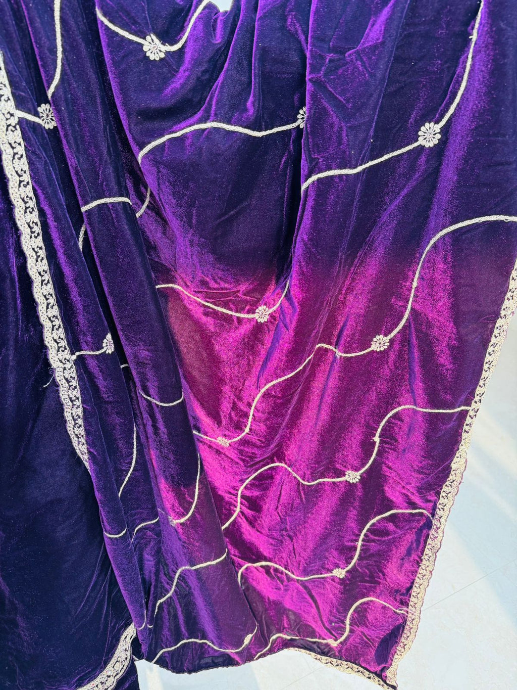 Liana | Purple Velvet Zari Embroidered Kurta Pant Set with Cape Dupatta | Designer Ethnic Party Wear