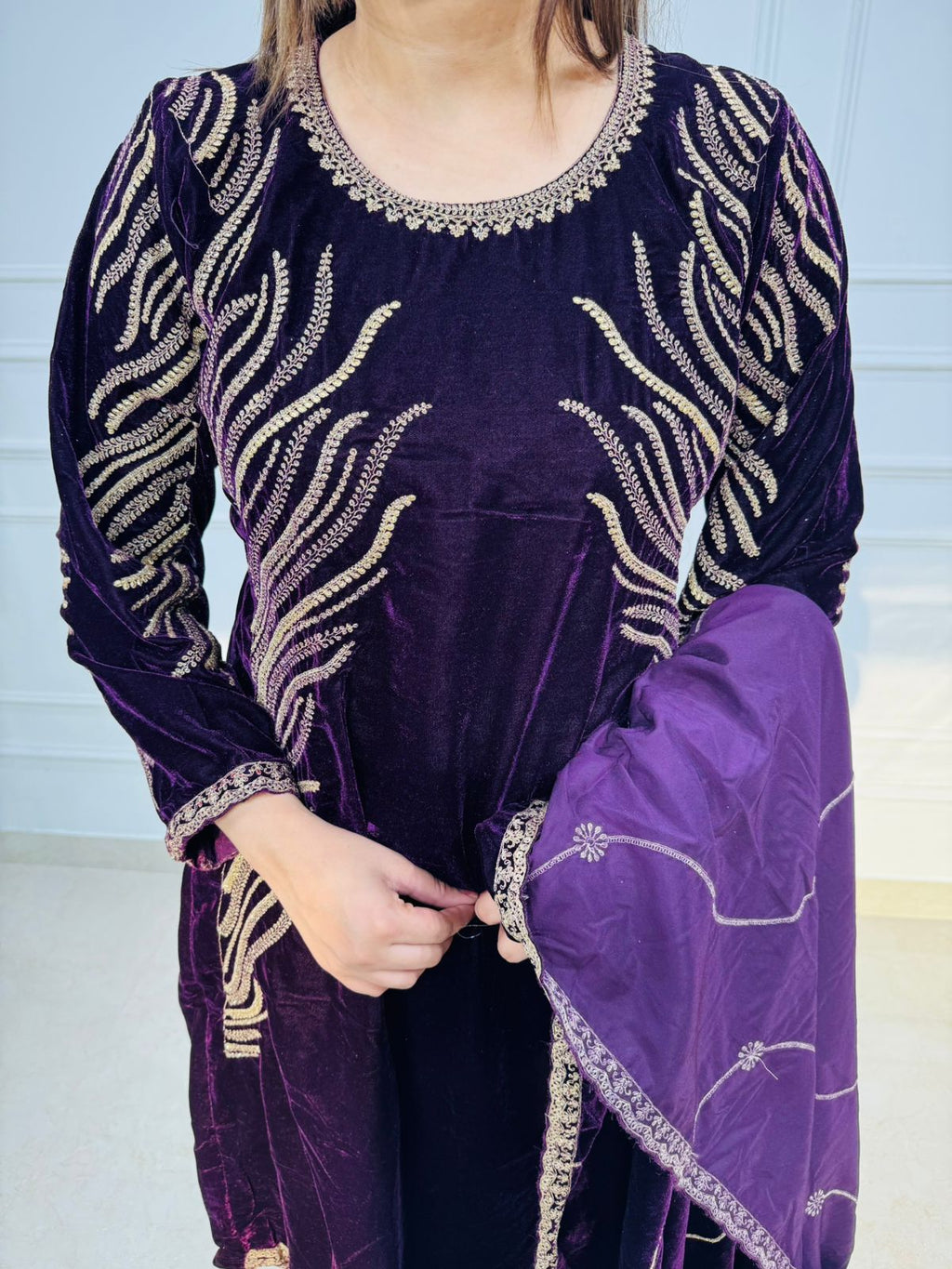 Liana | Purple Velvet Zari Embroidered Kurta Pant Set with Cape Dupatta | Designer Ethnic Party Wear