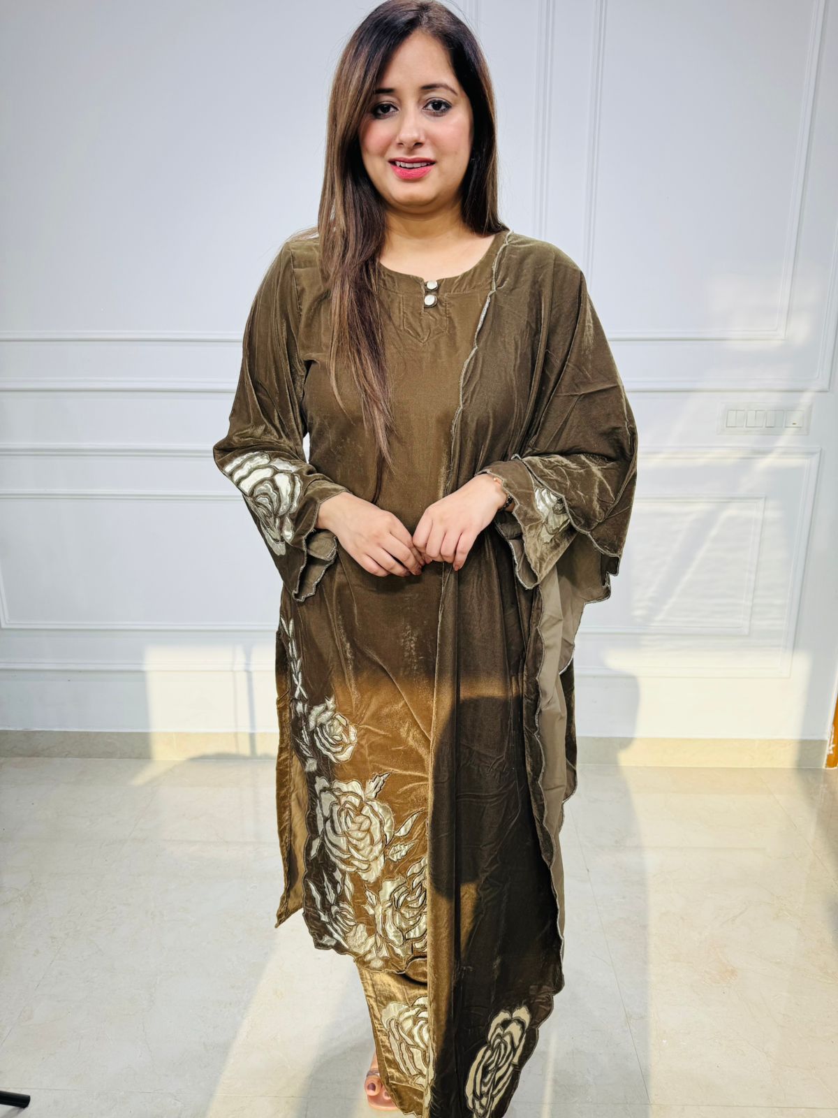 Olivia | Olive Velvet Floral Kaftan Coord Set