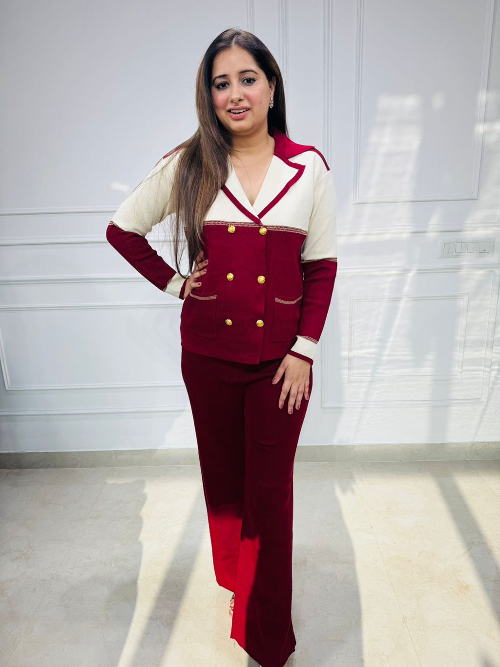 Merlot | Colorblock Gold-Button Knit Coord Set