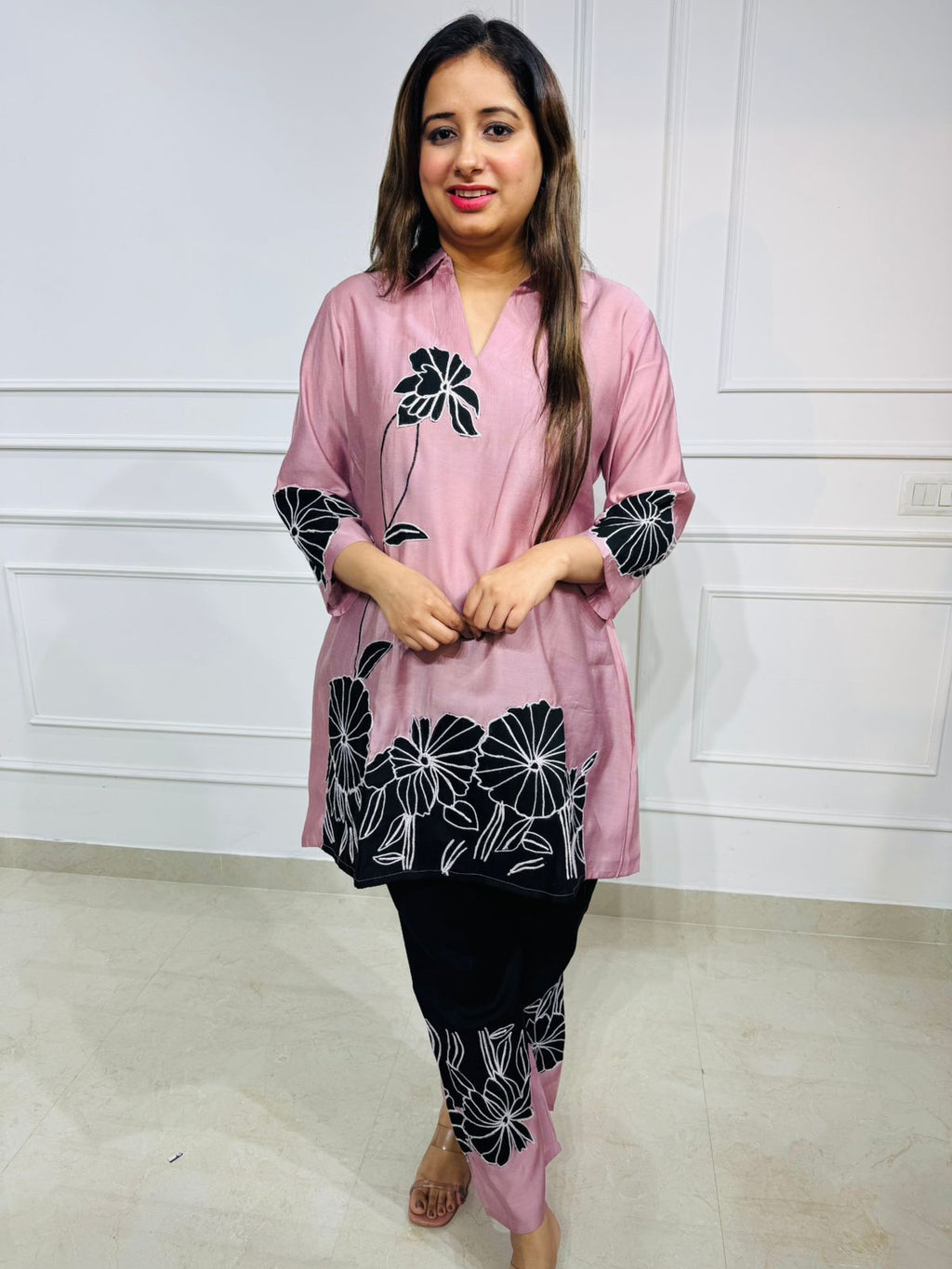 Helena | “BlushBloom Pink Floral Embroidered Co-ord Set – V-Neck Kurta with Contrast Pants”