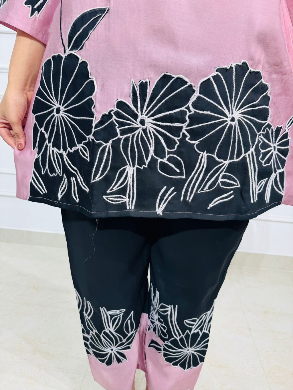 Helena | “BlushBloom Pink Floral Embroidered Co-ord Set – V-Neck Kurta with Contrast Pants”