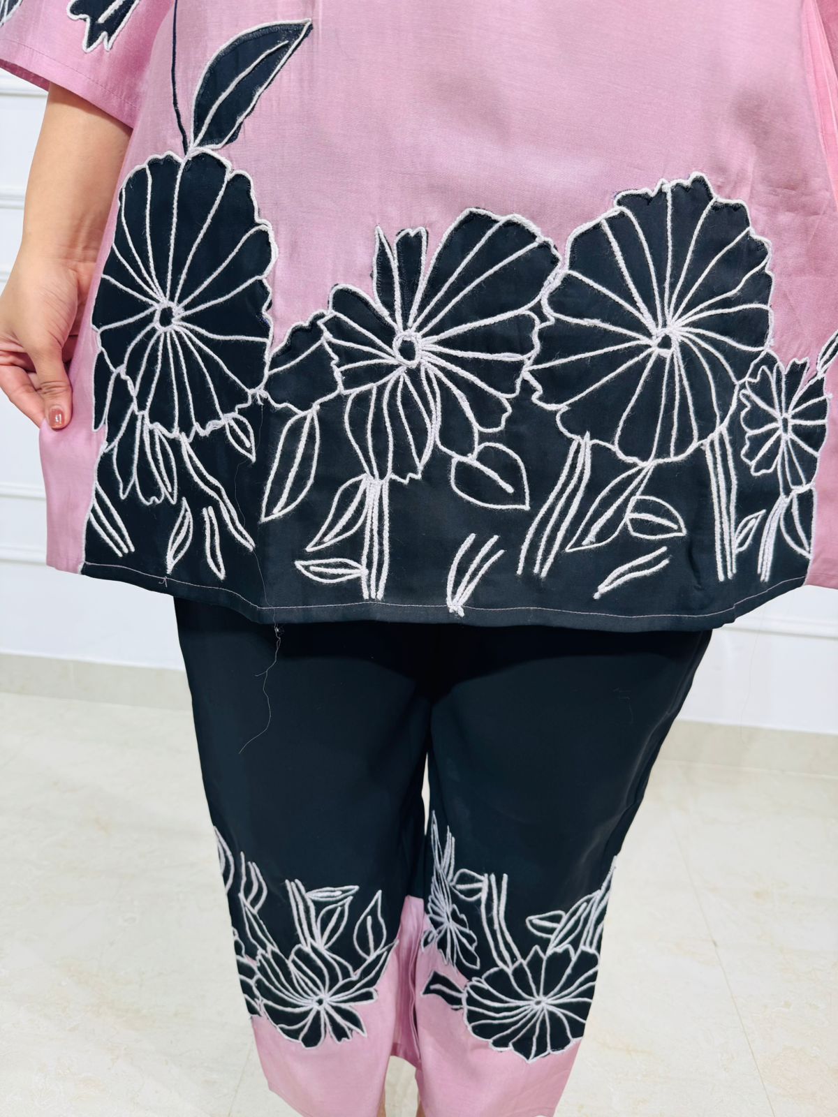 Helena | “BlushBloom Pink Floral Embroidered Co-ord Set – V-Neck Kurta with Contrast Pants”