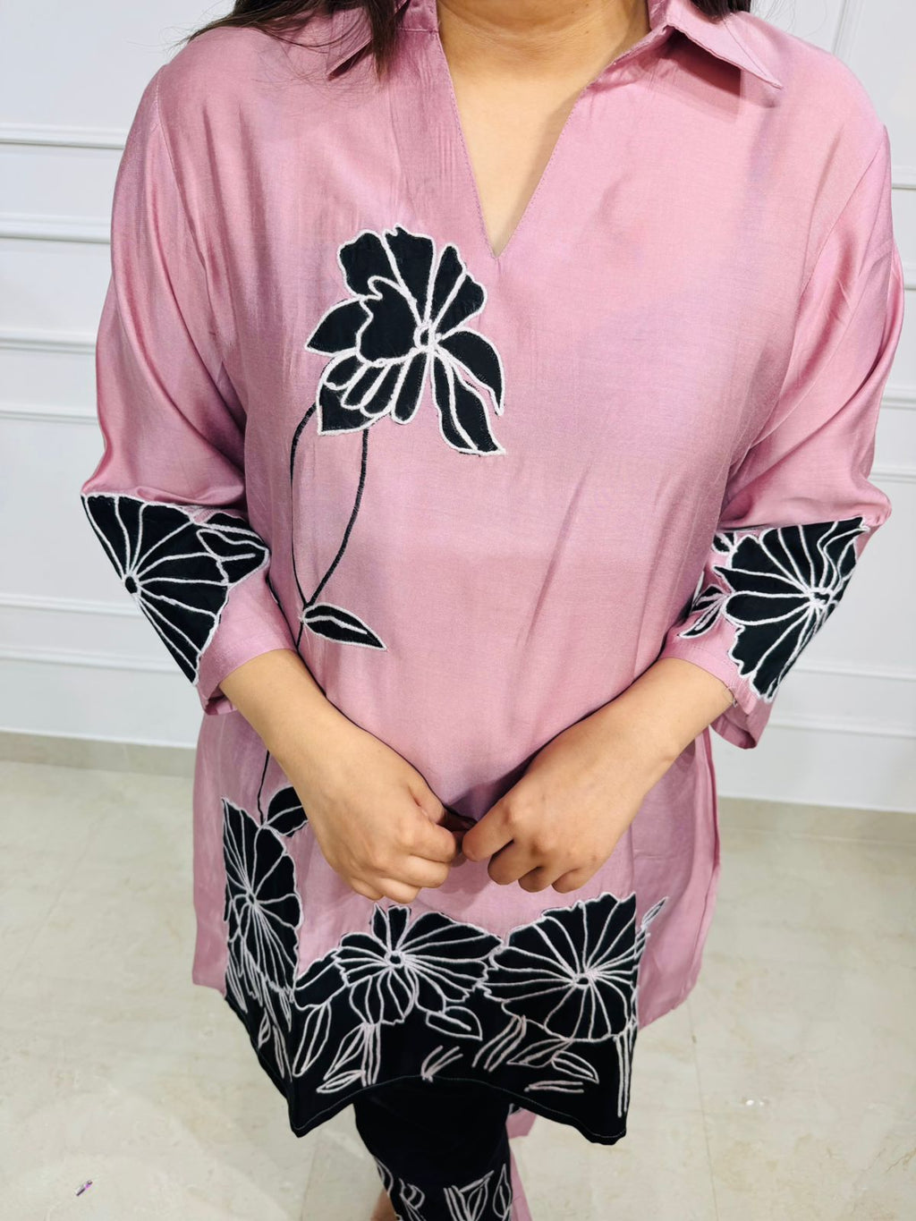 Helena | “BlushBloom Pink Floral Embroidered Co-ord Set – V-Neck Kurta with Contrast Pants”