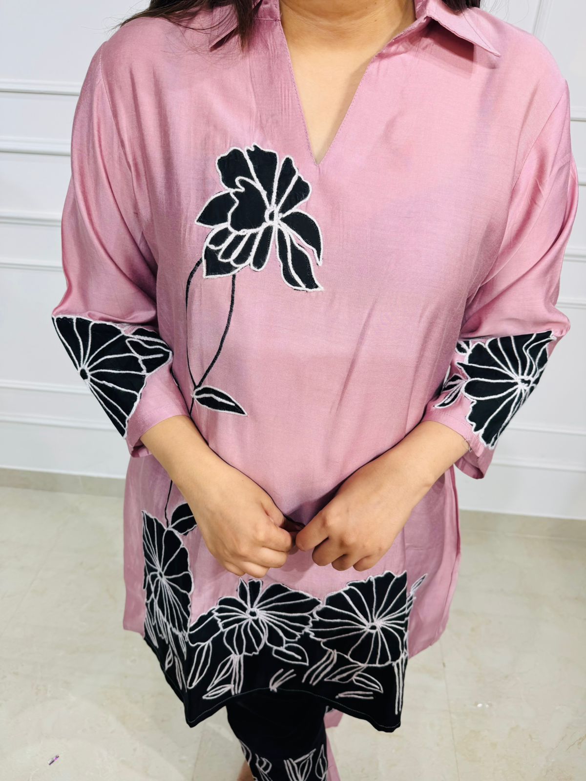 Helena | “BlushBloom Pink Floral Embroidered Co-ord Set – V-Neck Kurta with Contrast Pants”