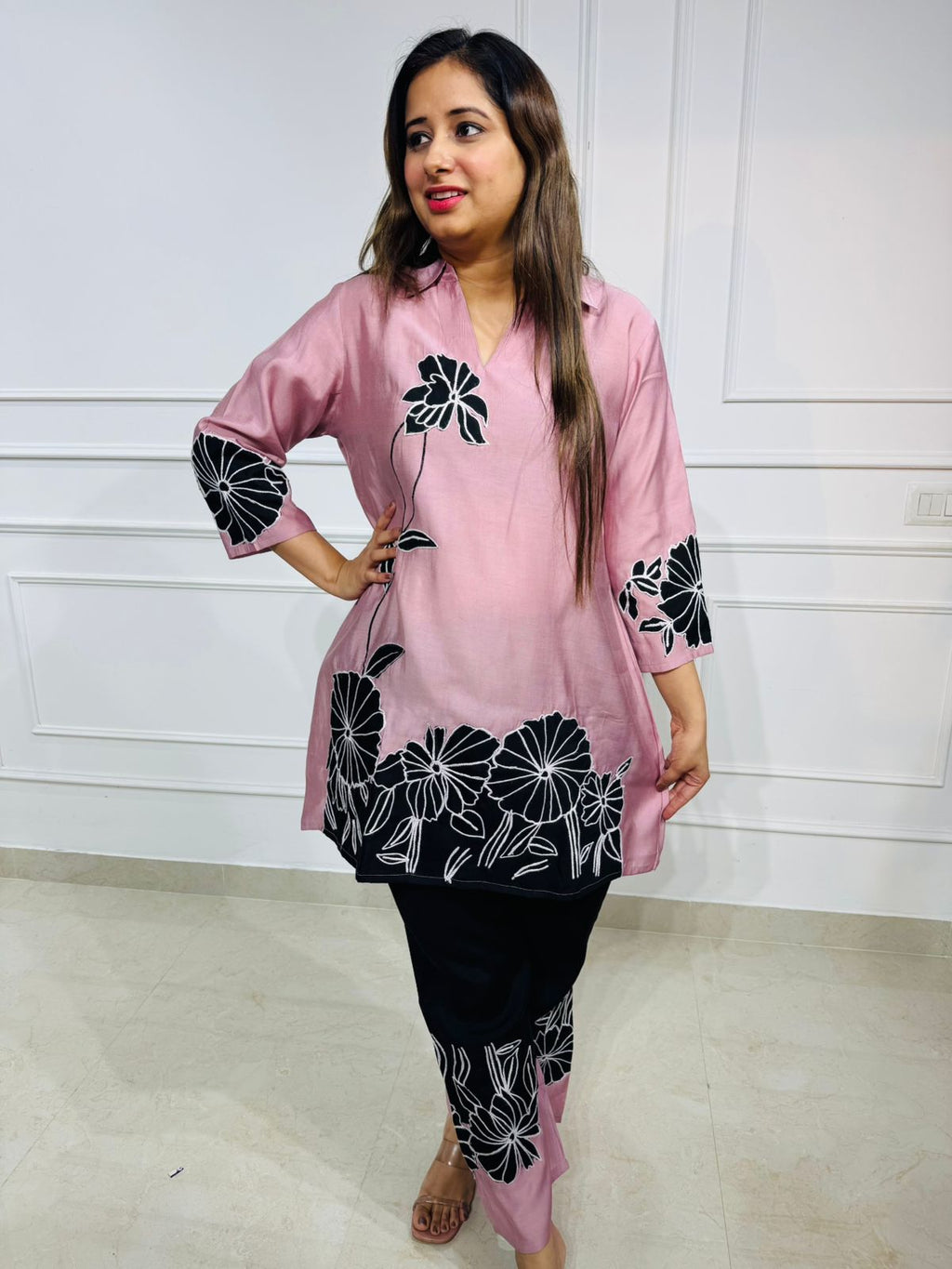 Helena | “BlushBloom Pink Floral Embroidered Co-ord Set – V-Neck Kurta with Contrast Pants”