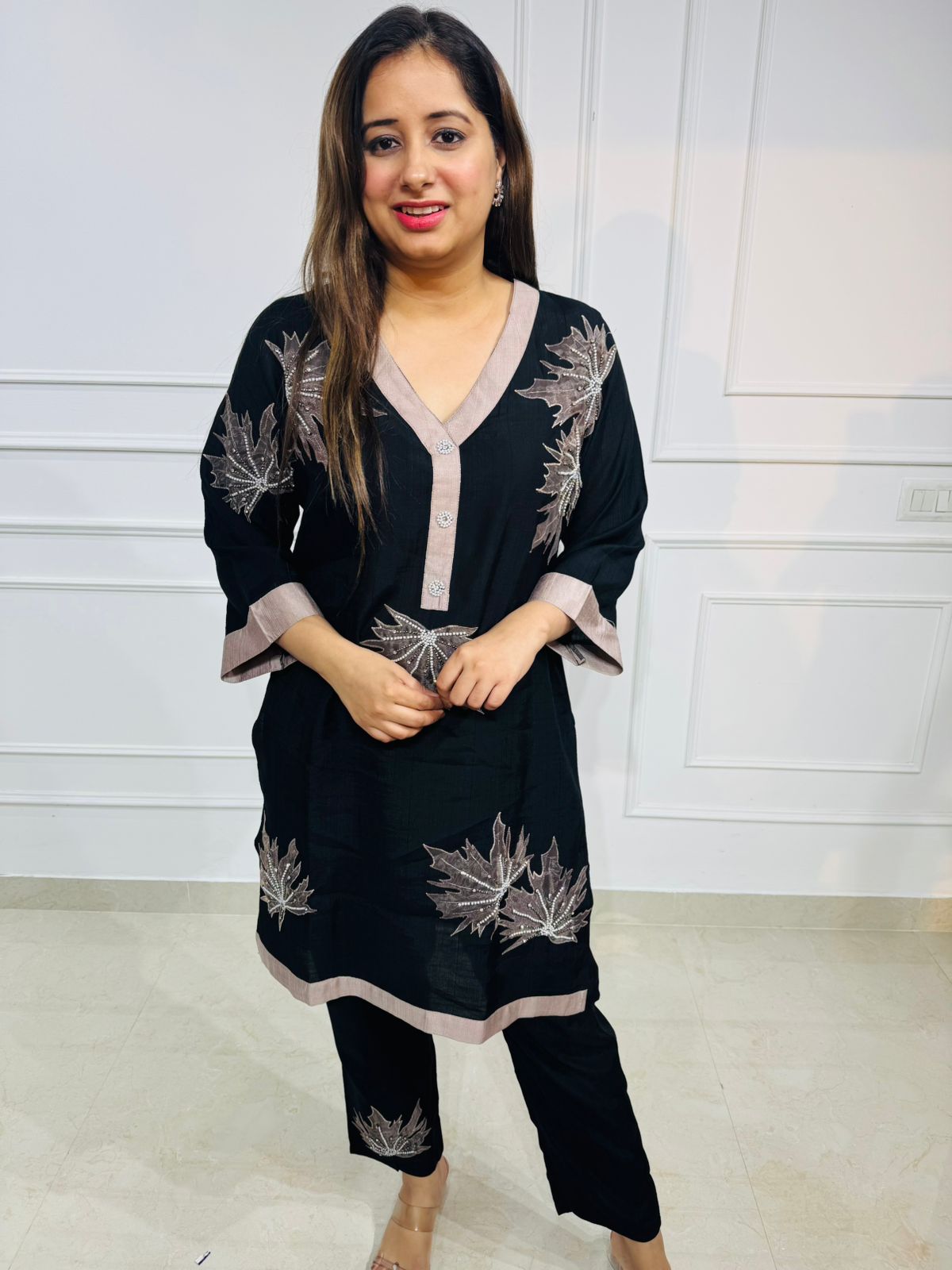 Fiona | PearlLeaf Black Embellished Kurta Set – V-Neck Pearl Work Kurta with Straight Pants