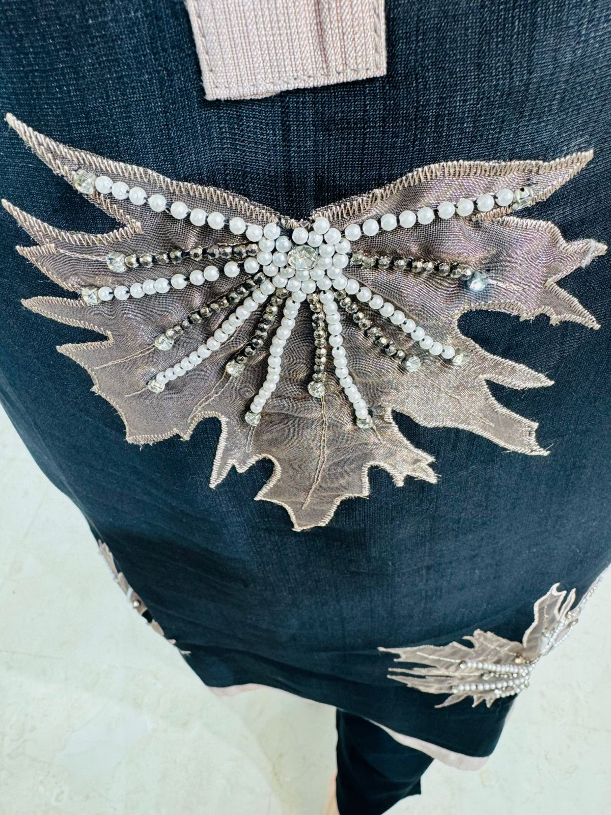 Fiona | PearlLeaf Black Embellished Kurta Set – V-Neck Pearl Work Kurta with Straight Pants