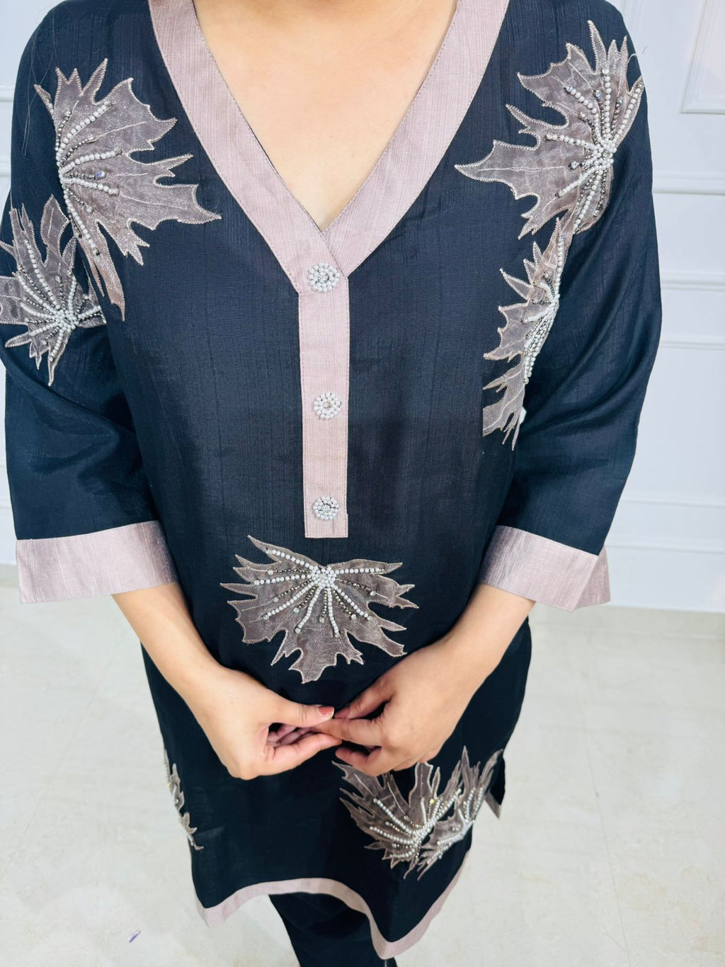 Fiona | PearlLeaf Black Embellished Kurta Set – V-Neck Pearl Work Kurta with Straight Pants