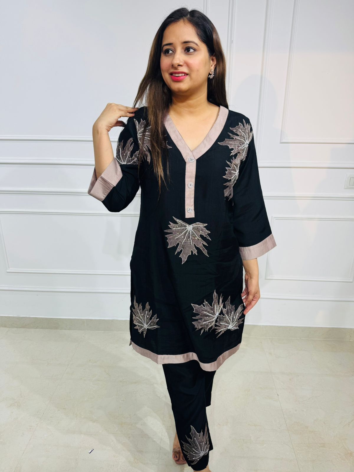 Fiona | PearlLeaf Black Embellished Kurta Set – V-Neck Pearl Work Kurta with Straight Pants