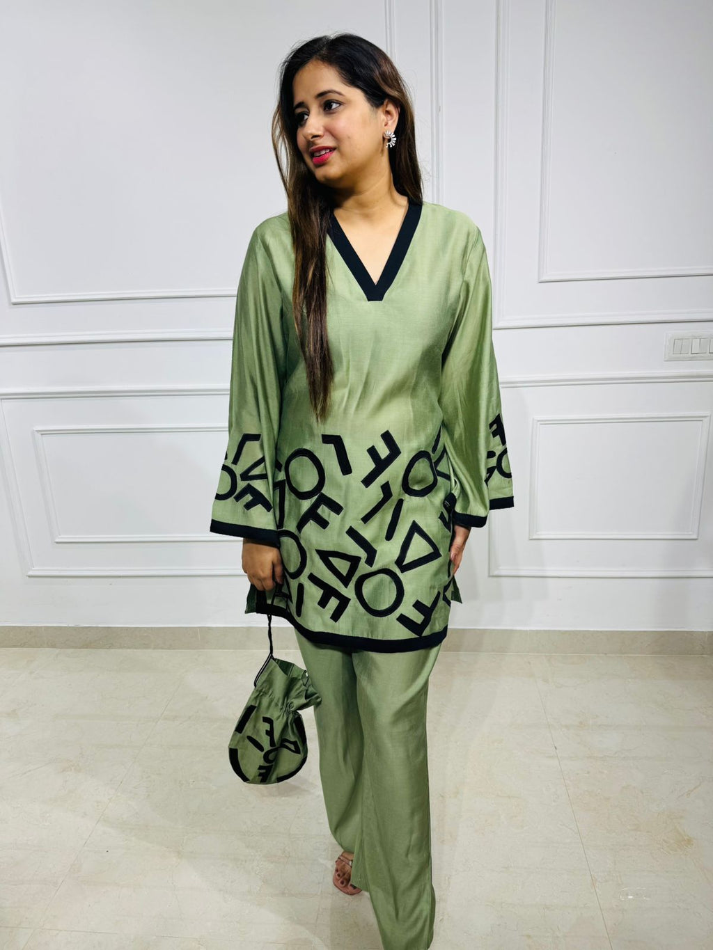 Adrian | Green Satin Co-ord with Black Applique Detailing & Free Potli Bag