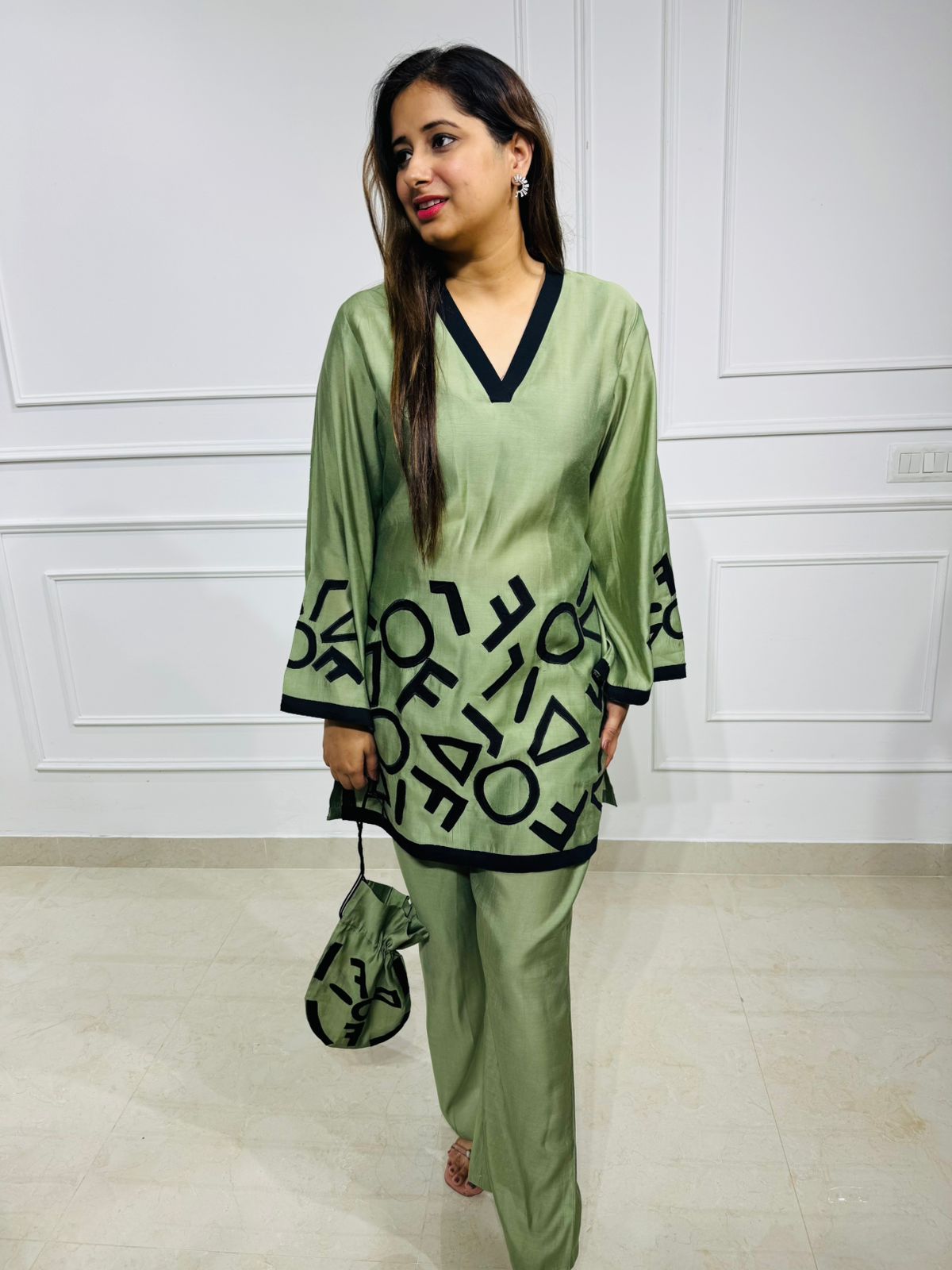 Adrian | Green Satin Co-ord with Black Applique Detailing & Free Potli Bag