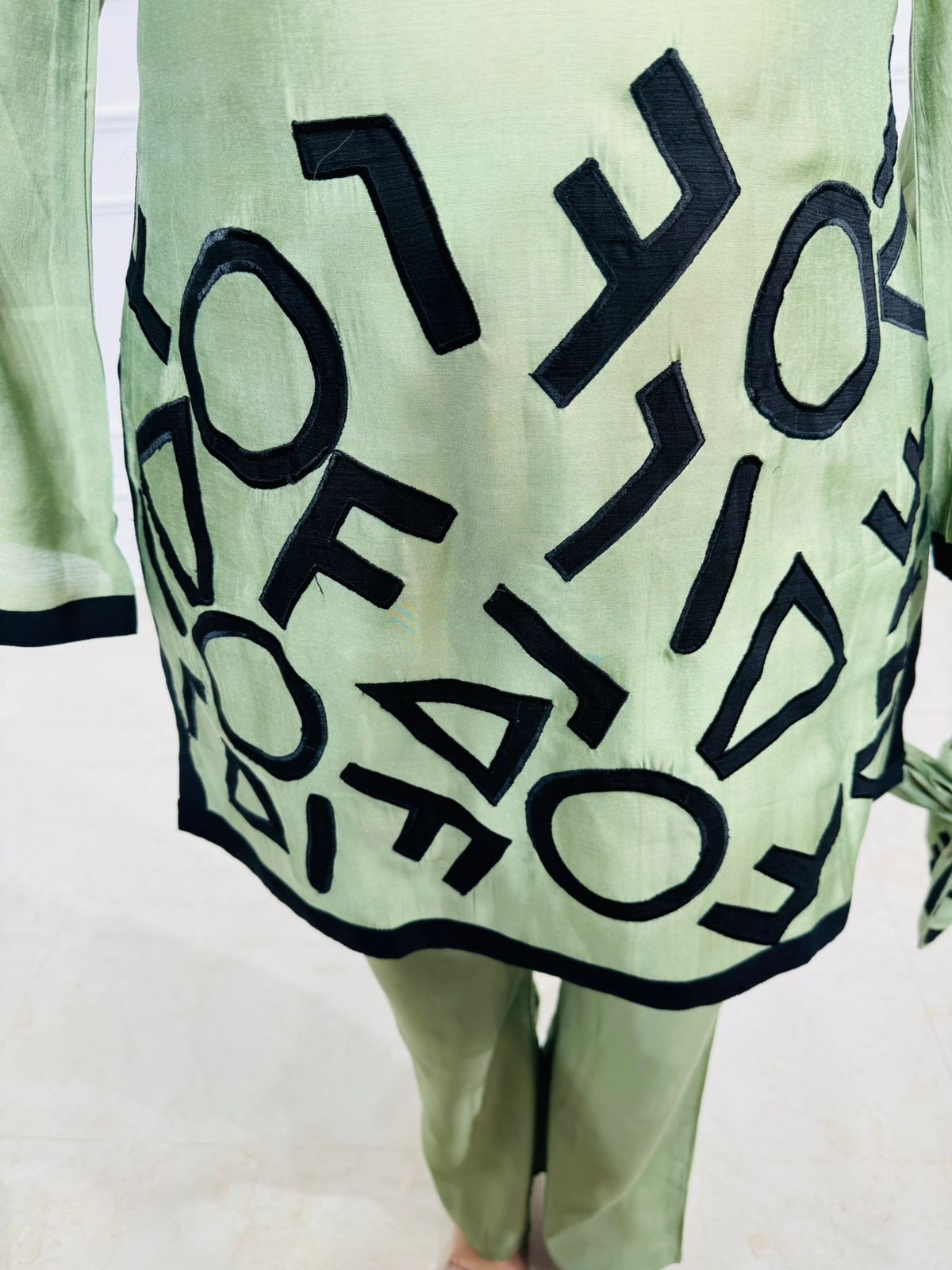 Adrian | Green Satin Co-ord with Black Applique Detailing & Free Potli Bag