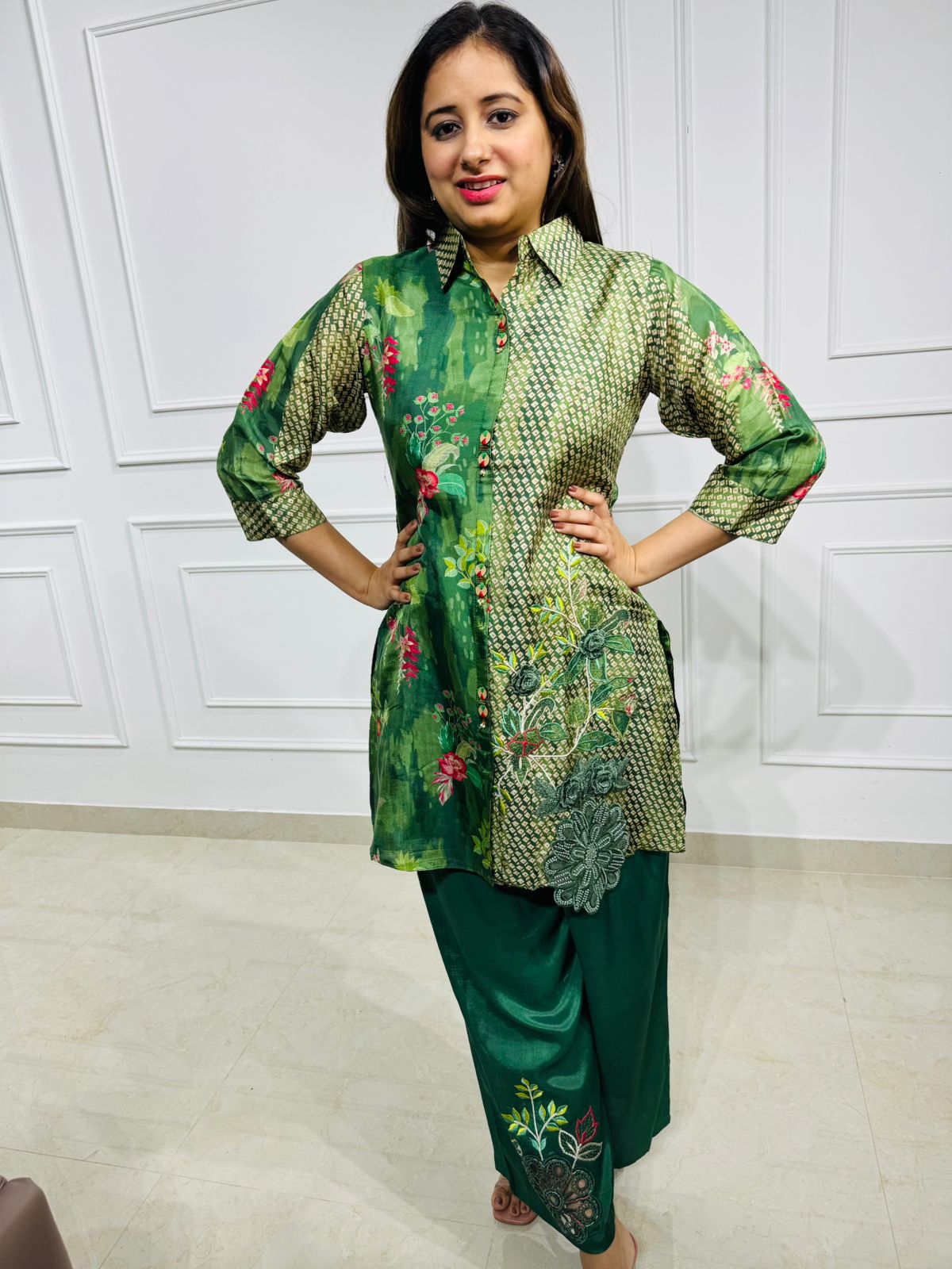 Naomi | EmeraldBloom Green Floral Printed Co-ord Set – Shirt Style Kurta with Embroidered Pants