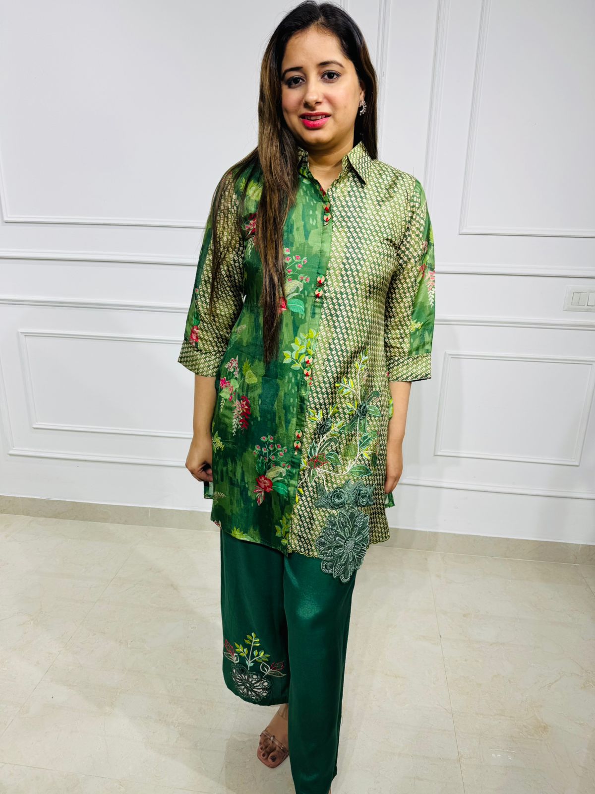 Naomi | EmeraldBloom Green Floral Printed Co-ord Set – Shirt Style Kurta with Embroidered Pants
