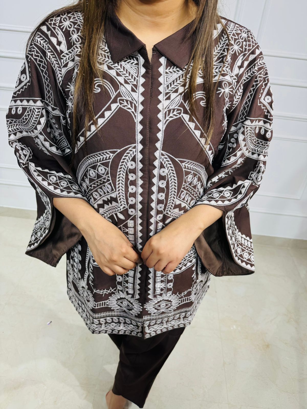 Serena | “MochaMuse Brown Printed Co-ord Set – Flared Sleeve Shirt and Straight Pants”