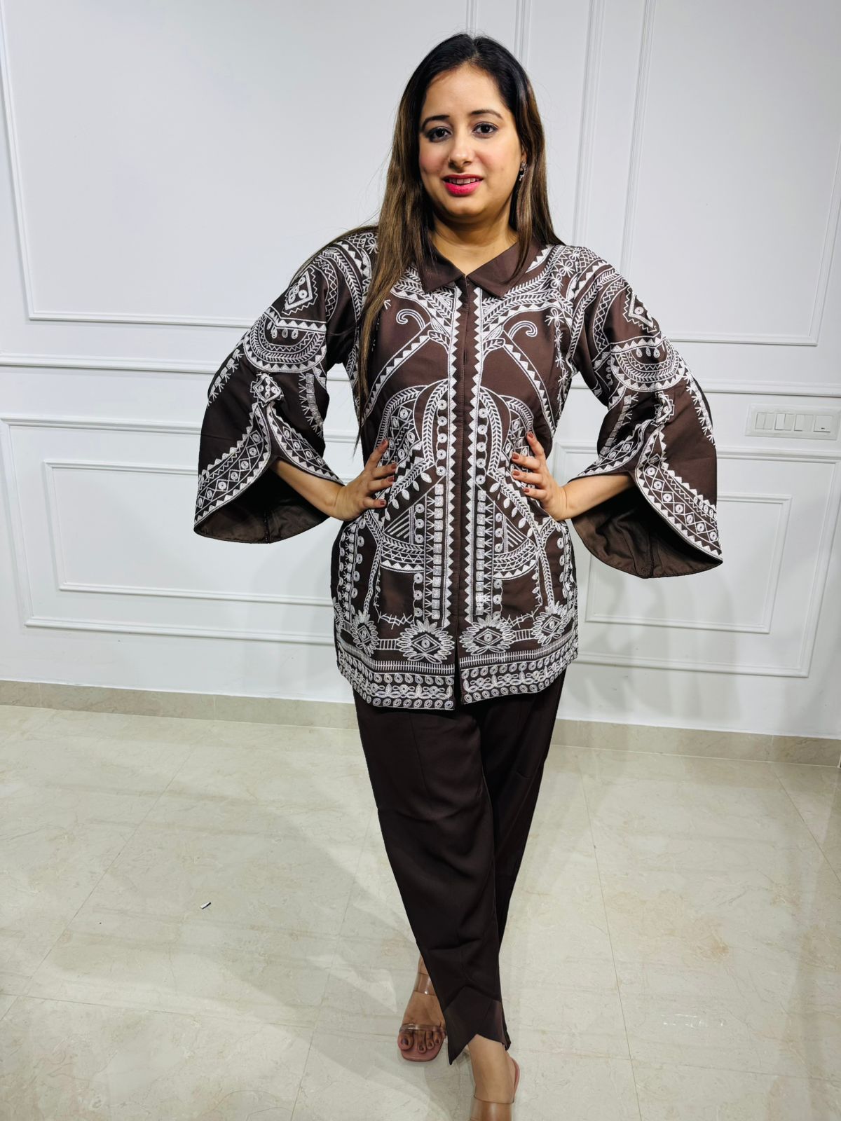 Serena | “MochaMuse Brown Printed Co-ord Set – Flared Sleeve Shirt and Straight Pants”