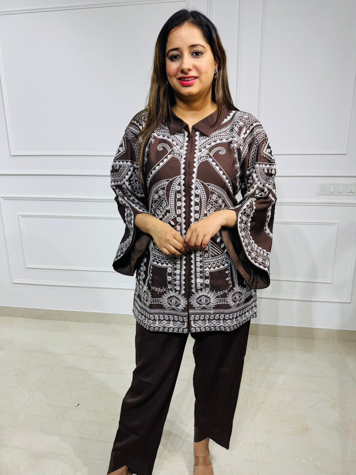 Serena | “MochaMuse Brown Printed Co-ord Set – Flared Sleeve Shirt and Straight Pants”