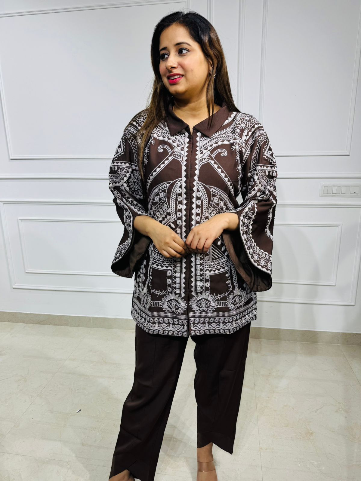 Serena | “MochaMuse Brown Printed Co-ord Set – Flared Sleeve Shirt and Straight Pants”