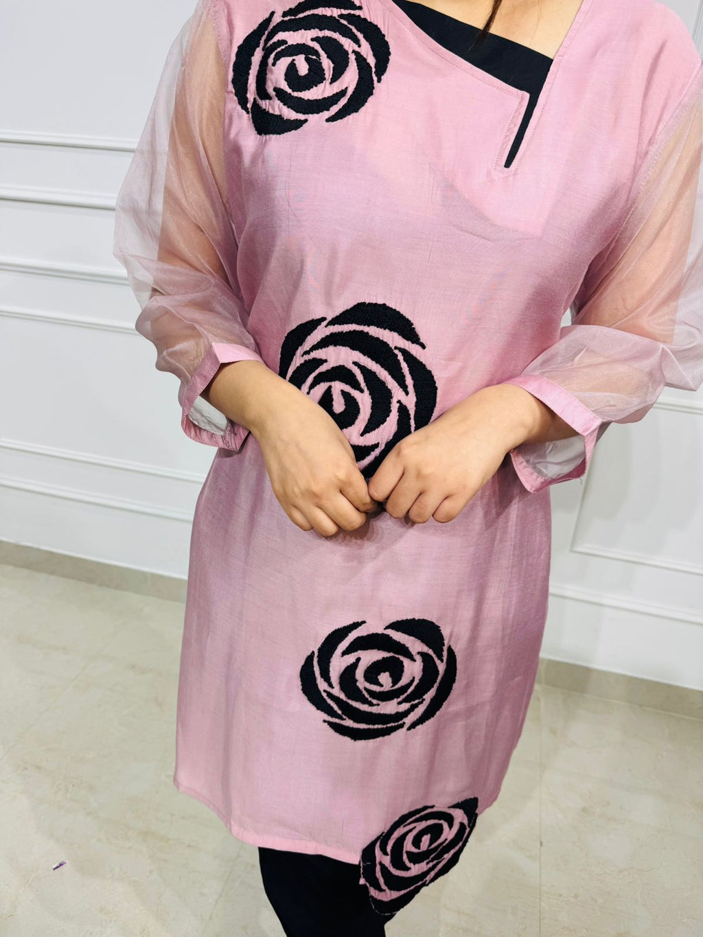 Clara | RoseAura Pink Organza Sleeve Kurta Set – Black Rose Embroidered Party Wear