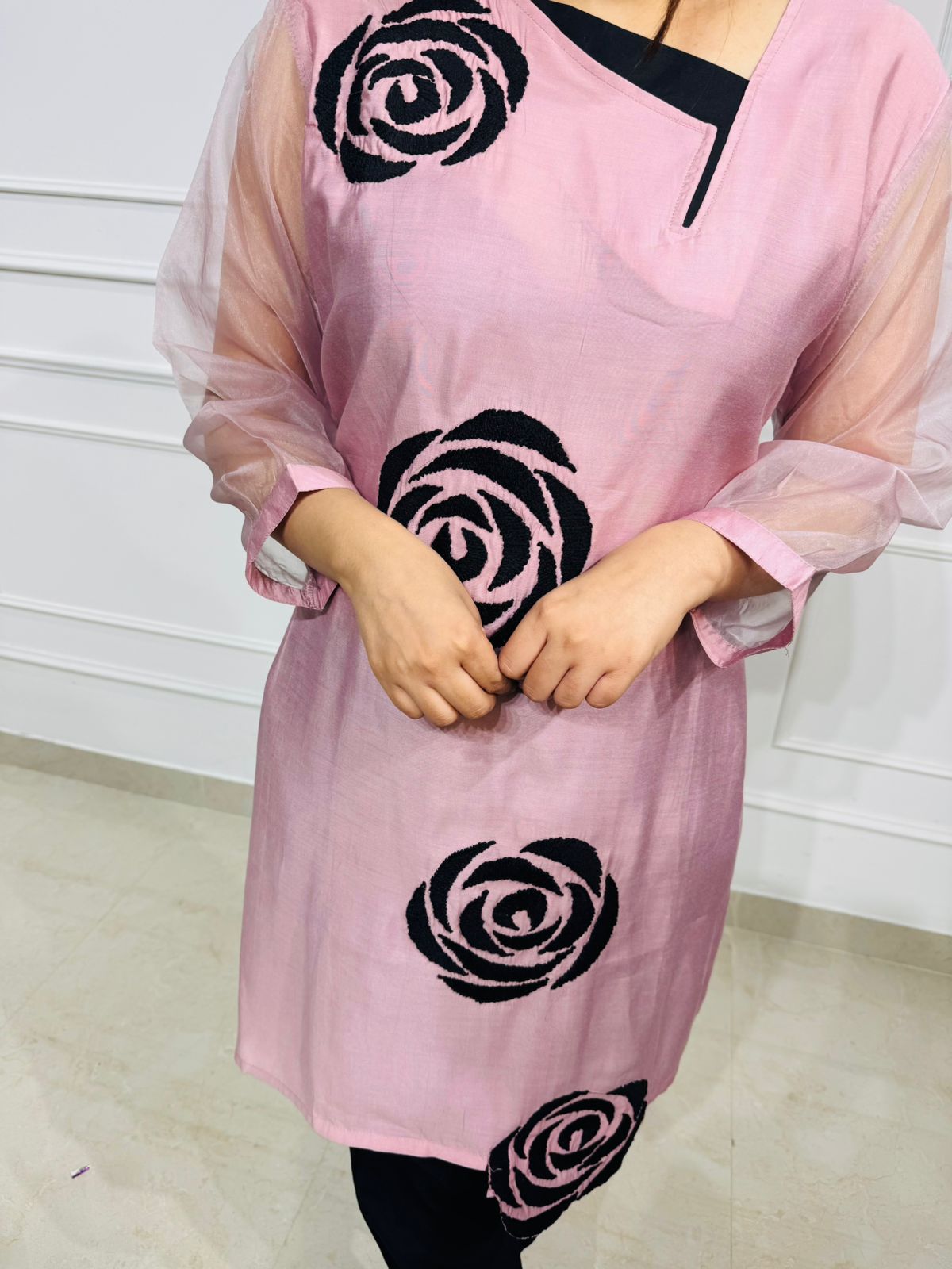 Clara | RoseAura Pink Organza Sleeve Kurta Set – Black Rose Embroidered Party Wear