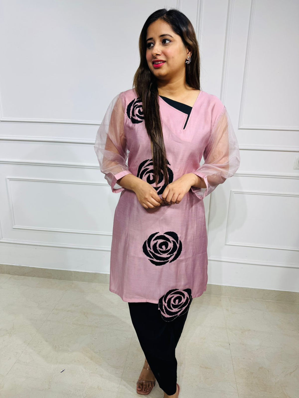 Clara | RoseAura Pink Organza Sleeve Kurta Set – Black Rose Embroidered Party Wear