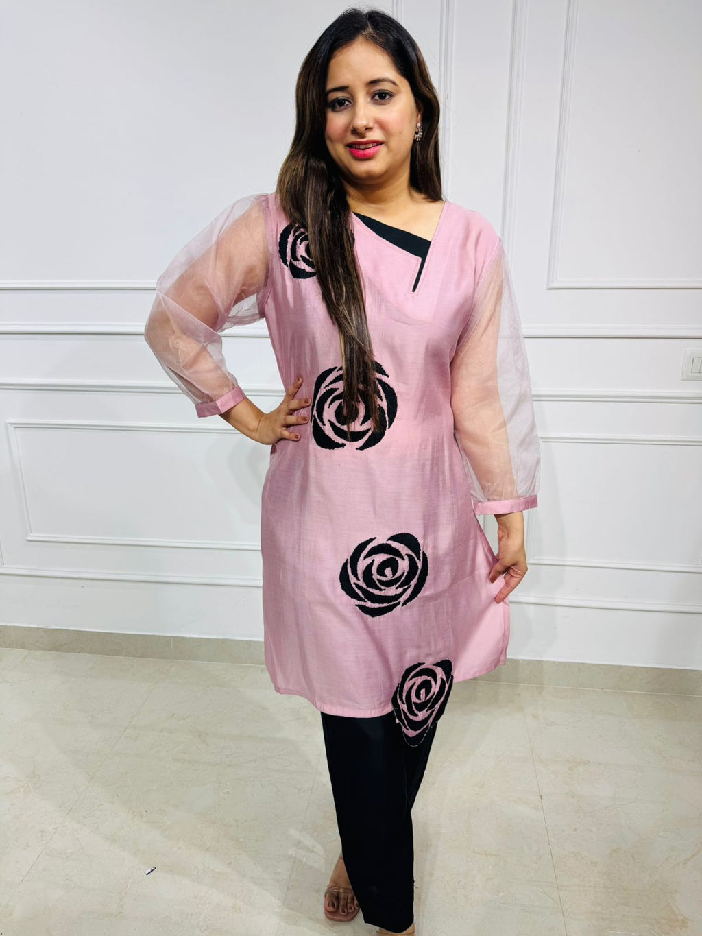 Clara | RoseAura Pink Organza Sleeve Kurta Set – Black Rose Embroidered Party Wear