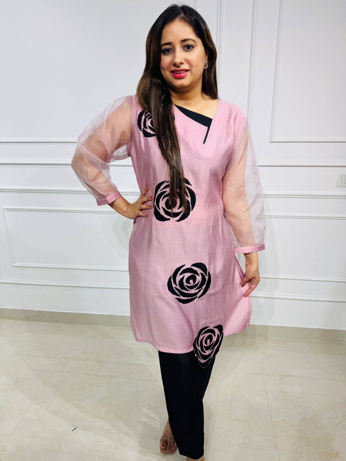 Clara | RoseAura Pink Organza Sleeve Kurta Set – Black Rose Embroidered Party Wear