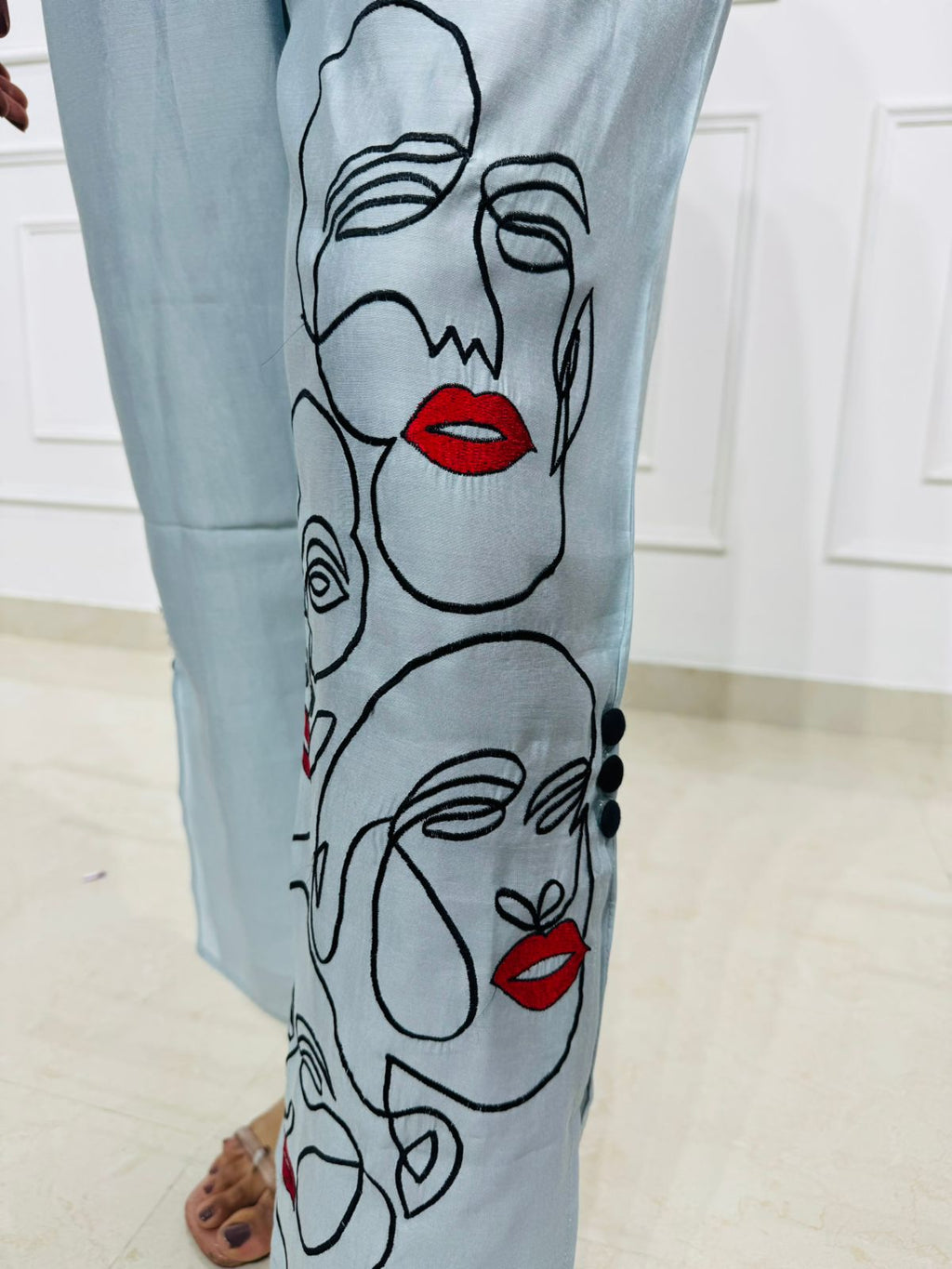 Evelyn | FaceMuse Sky Blue Abstract Face Embroidered Co-ord Set – Shirt Style Top with Straight Pants