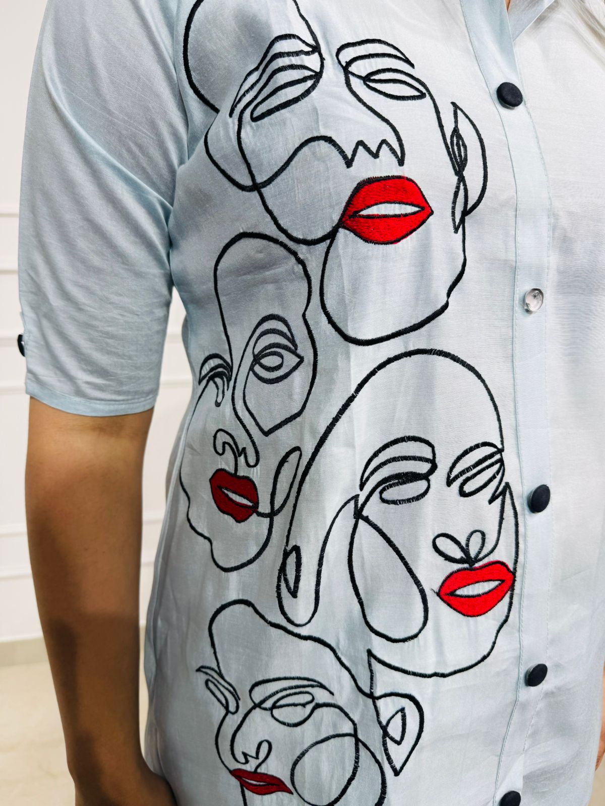 Evelyn | FaceMuse Sky Blue Abstract Face Embroidered Co-ord Set – Shirt Style Top with Straight Pants