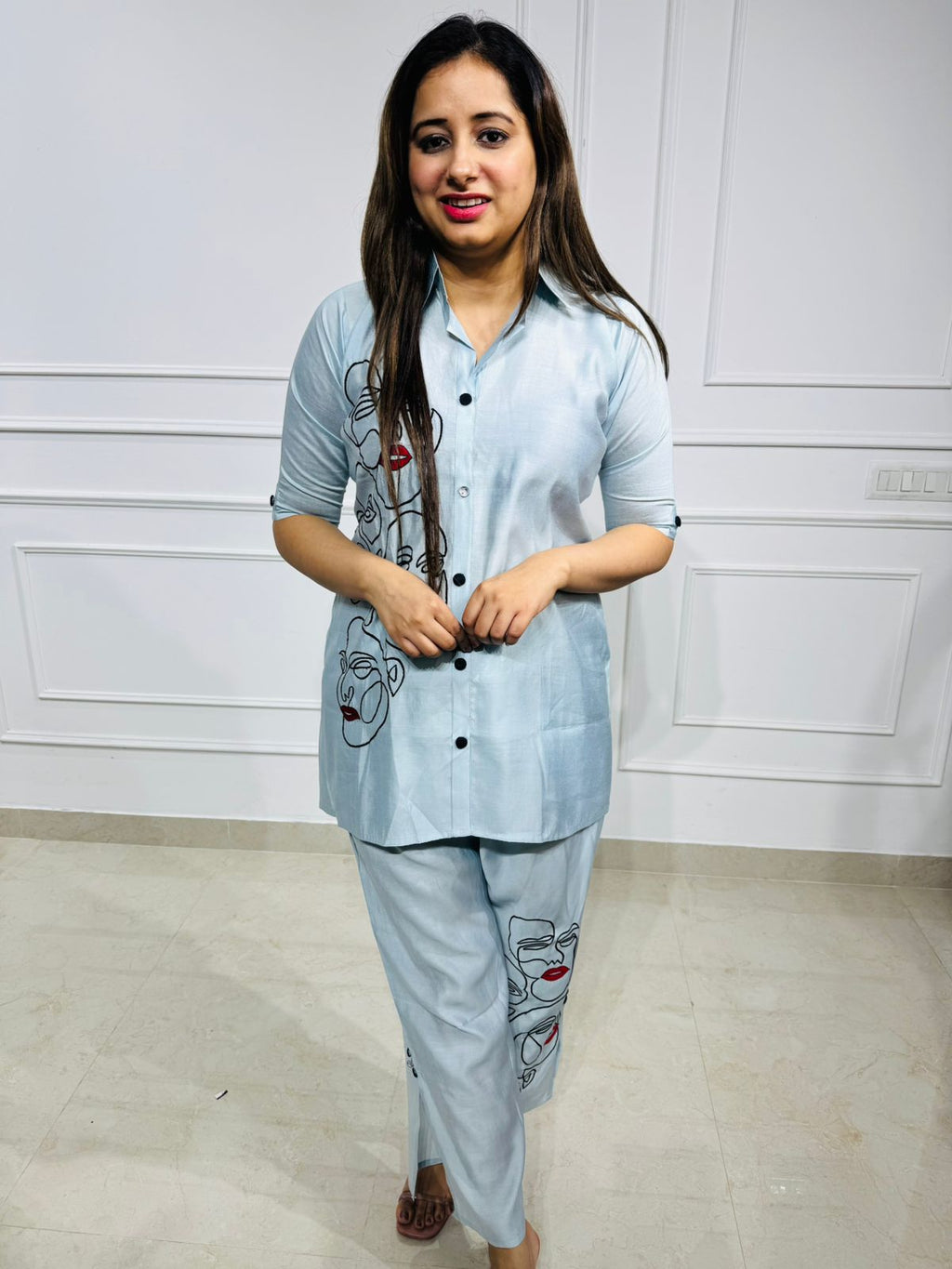 Evelyn | FaceMuse Sky Blue Abstract Face Embroidered Co-ord Set – Shirt Style Top with Straight Pants