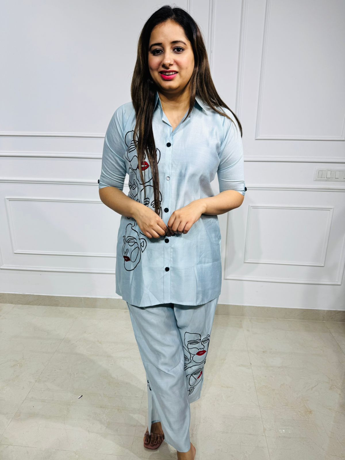 Evelyn | FaceMuse Sky Blue Abstract Face Embroidered Co-ord Set – Shirt Style Top with Straight Pants