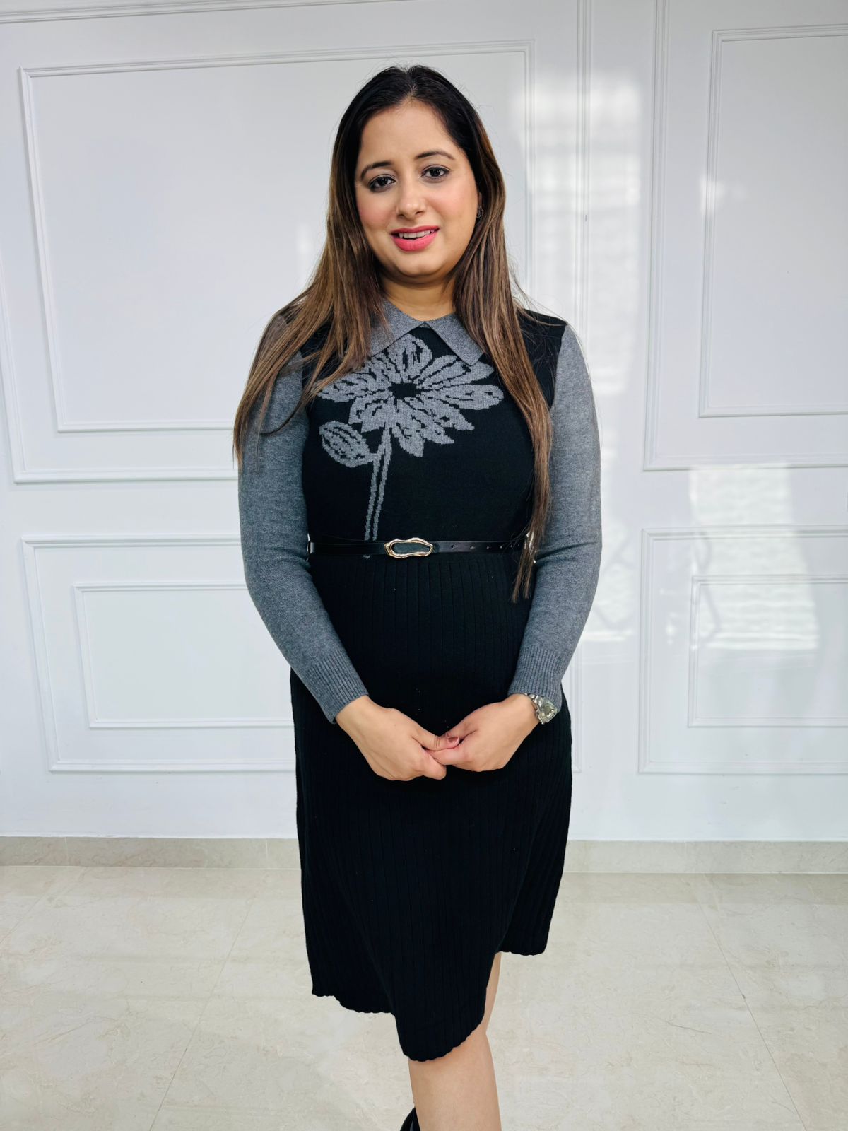 FloraKnit | Grey & Black Jacquard Sweater Dress