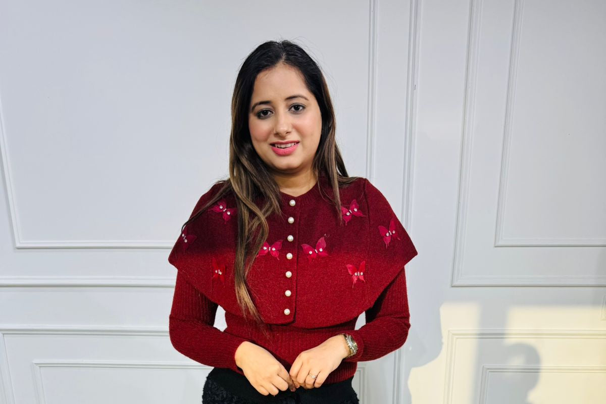 Crimson | Butterfly Pearl-Front Cape Sweater Top