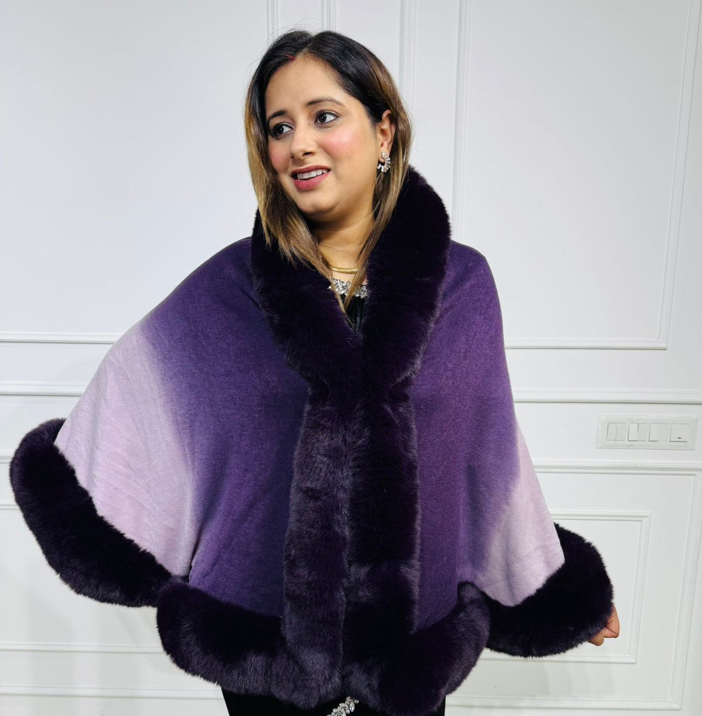 Lushira Shawl | Plush Fur-Trim Ombre Shawl – Deep Purple