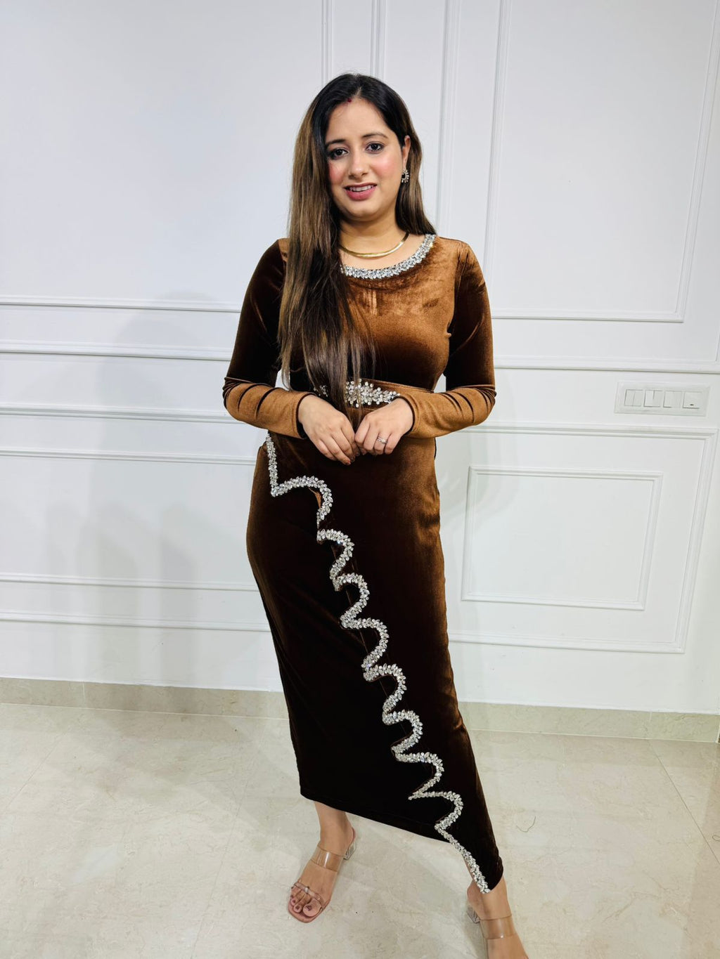 Tina | Chocolate Velvet Embellished Bodycon Dress