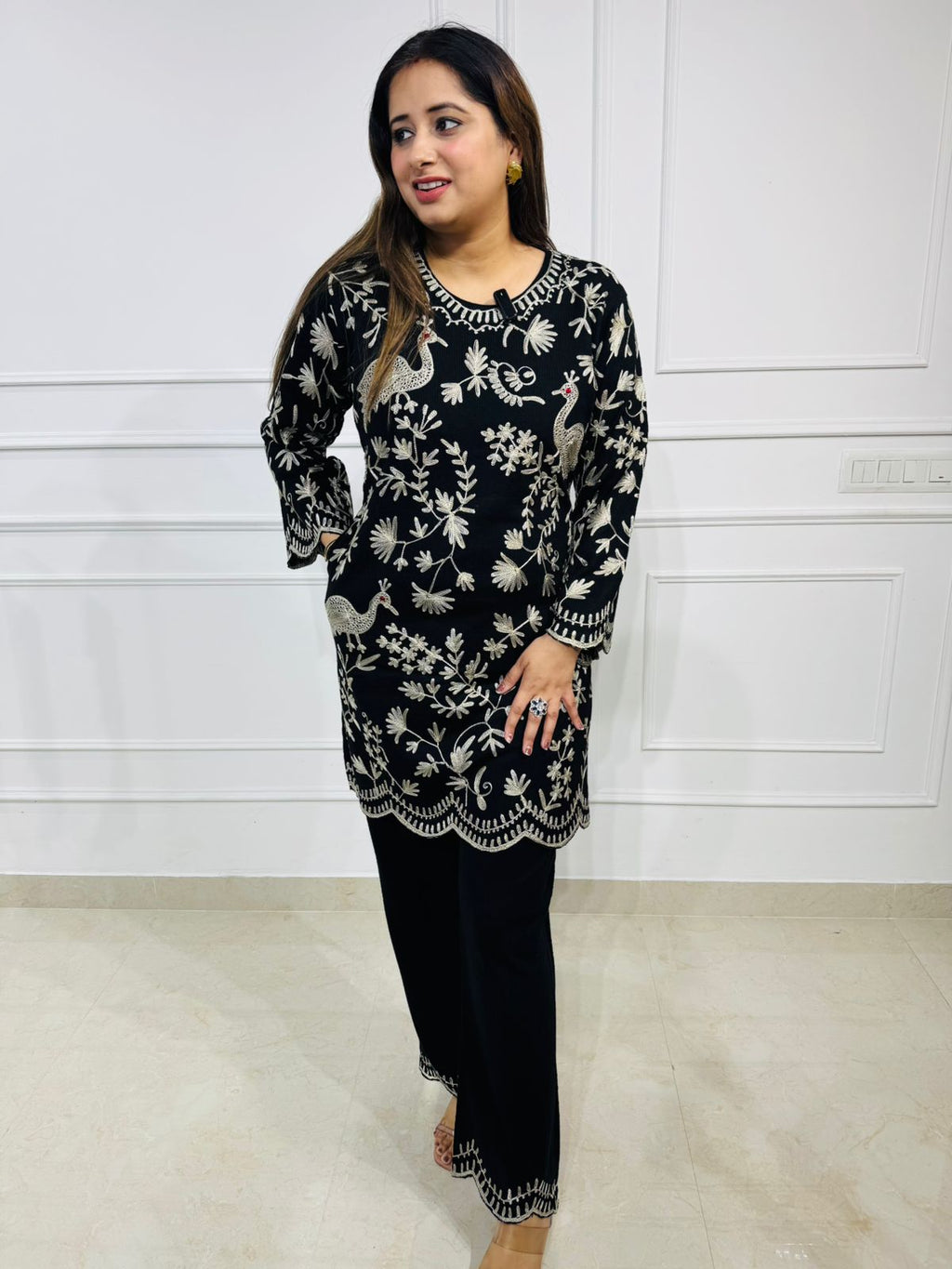 Peacock Embroidered Kurta Set – Premium Black Co‑ord for Festive & Party Wear