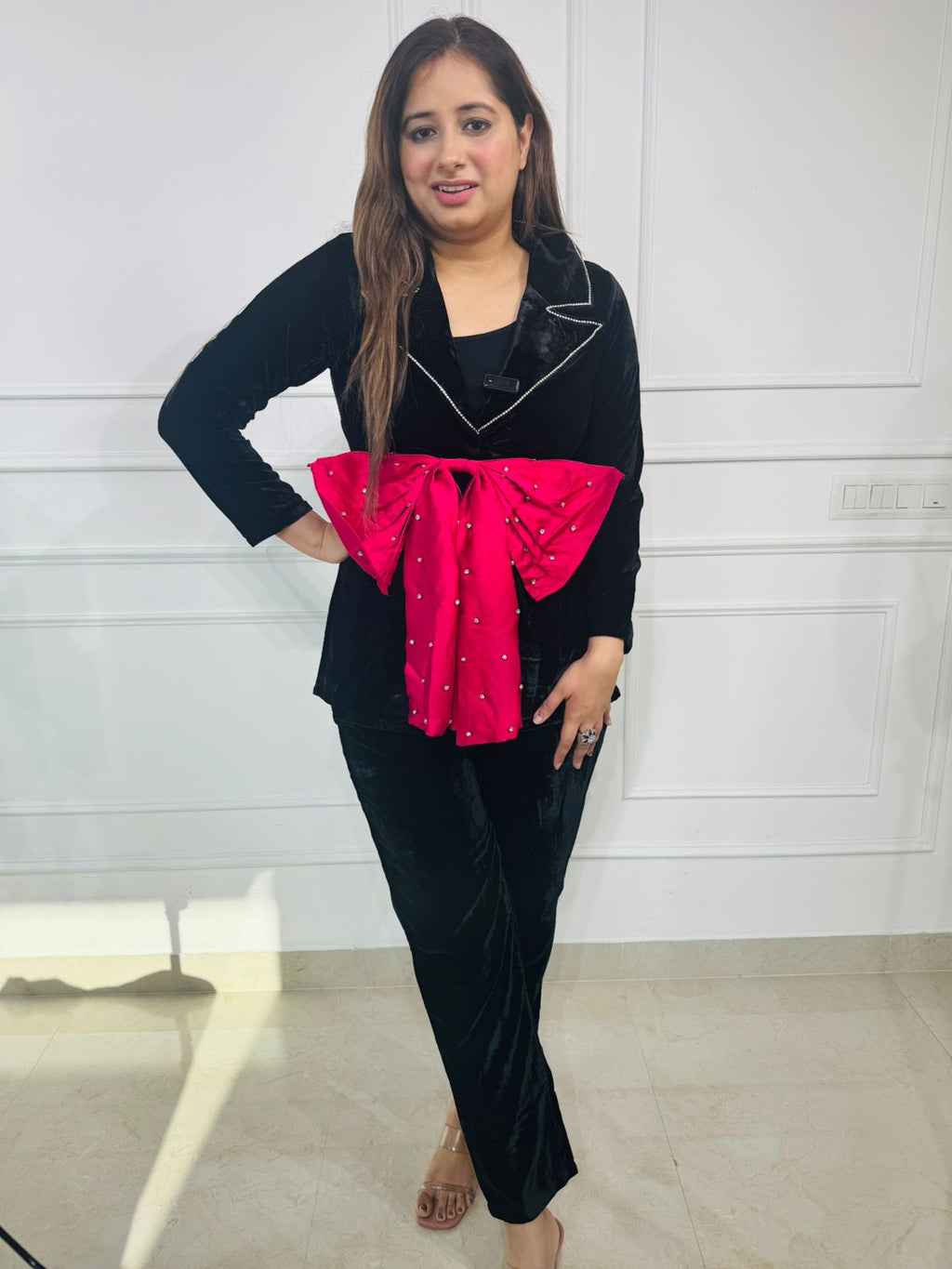 Black Velvet Co-ord with Statement Fuchsia Bow