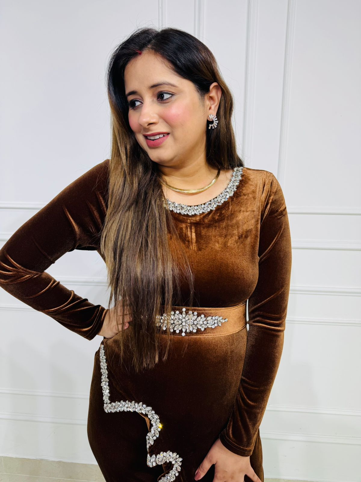 Arlo | VelvetTwirl Brown Velvet Bodycon Gown – Crystal Embellished Party Wear Long Dress