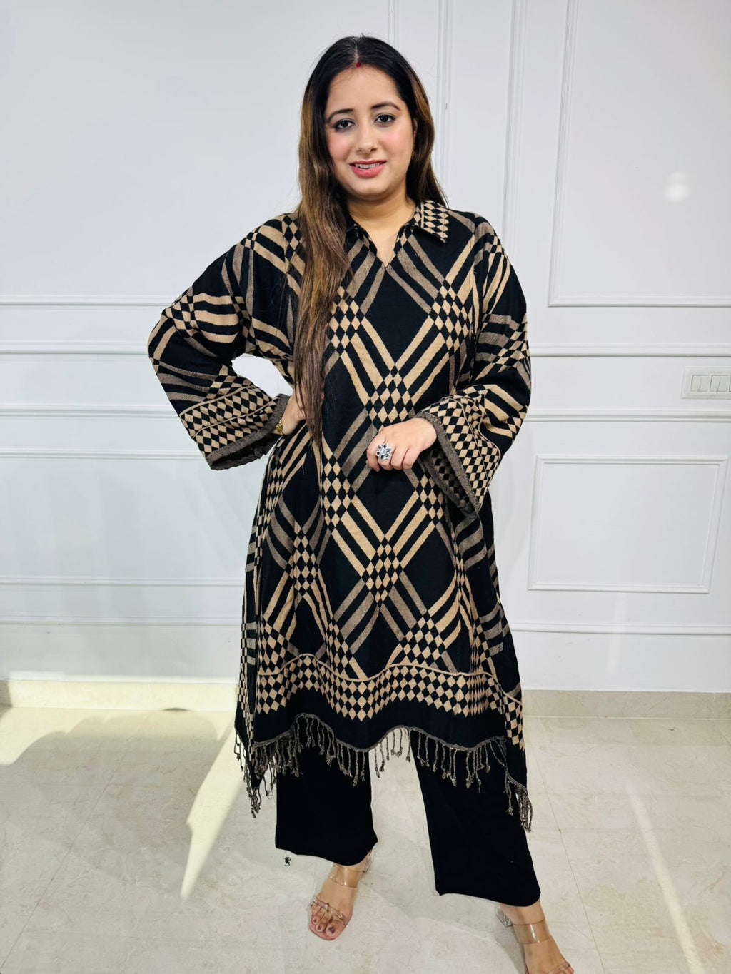 Theo | WinterCheck Black Beige Woolen Poncho Kurta – Geometric Checkered Long Top with Tassel Hem for Women