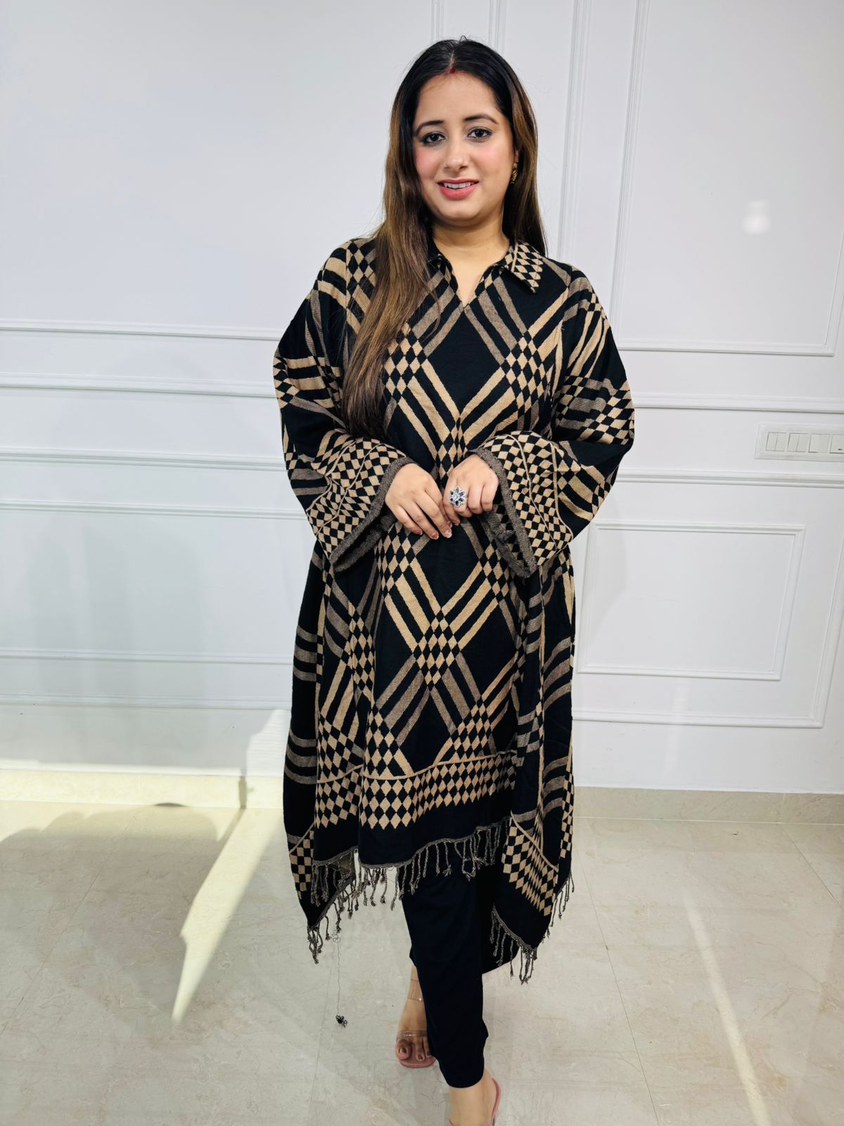 Theo | WinterCheck Black Beige Woolen Poncho Kurta – Geometric Checkered Long Top with Tassel Hem for Women