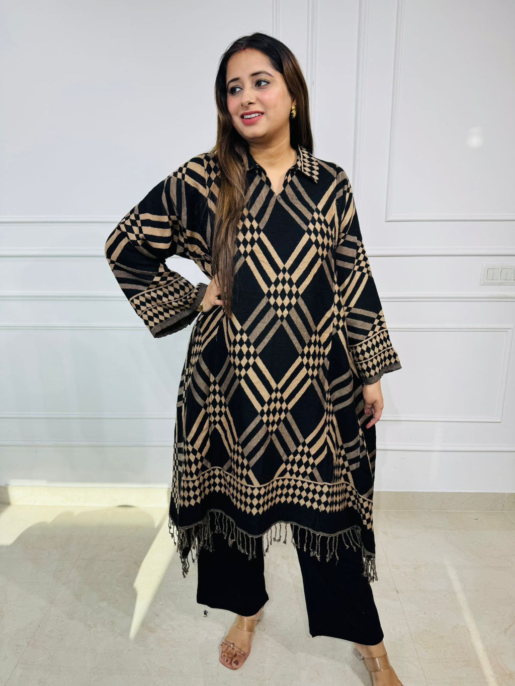 Theo | WinterCheck Black Beige Woolen Poncho Kurta – Geometric Checkered Long Top with Tassel Hem for Women
