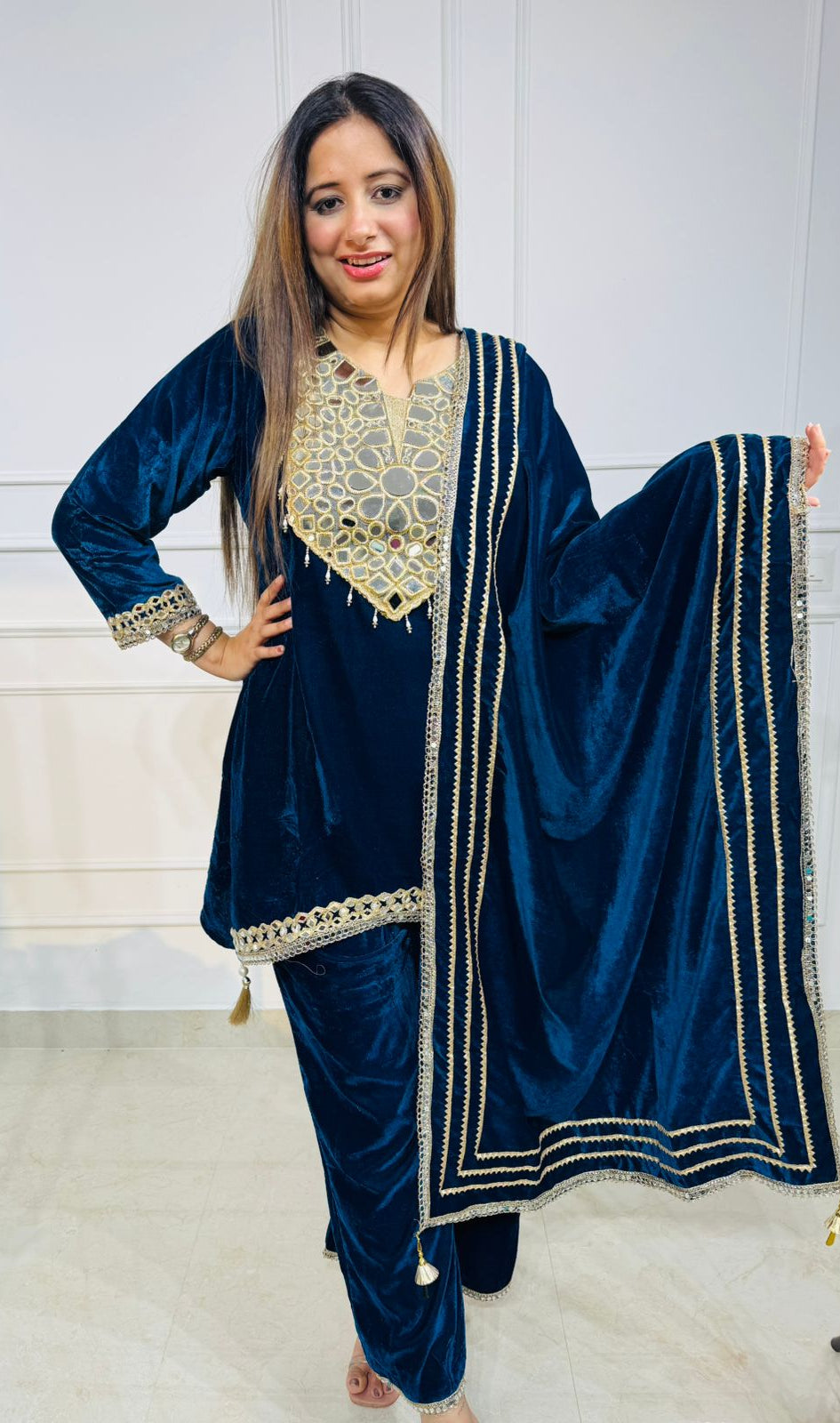 Velvet Pakistani Suit with Heavy Neck Embroidery & Dupatta