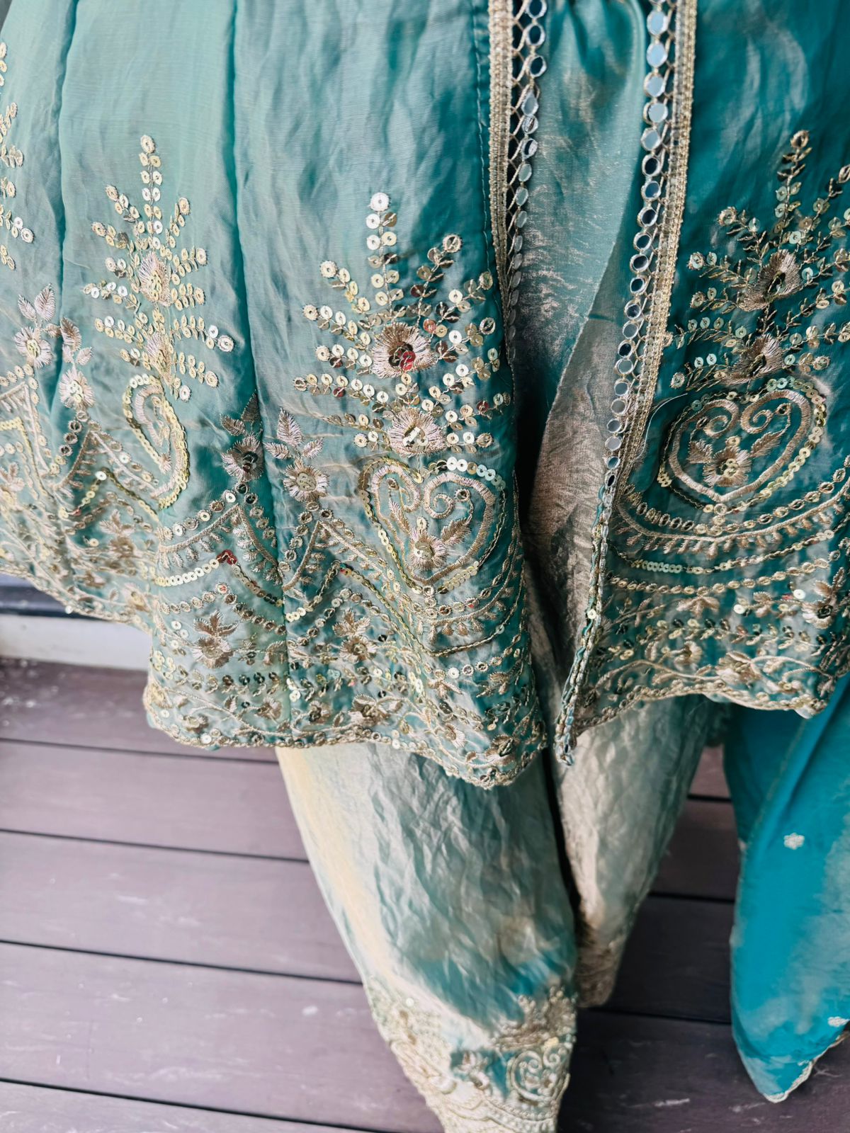 Vaelis | Emerald Green Organza Peplum Sharara Set with Heavy Sequin Zari Embroidery and Dupatta for Wedding & Festive Wear