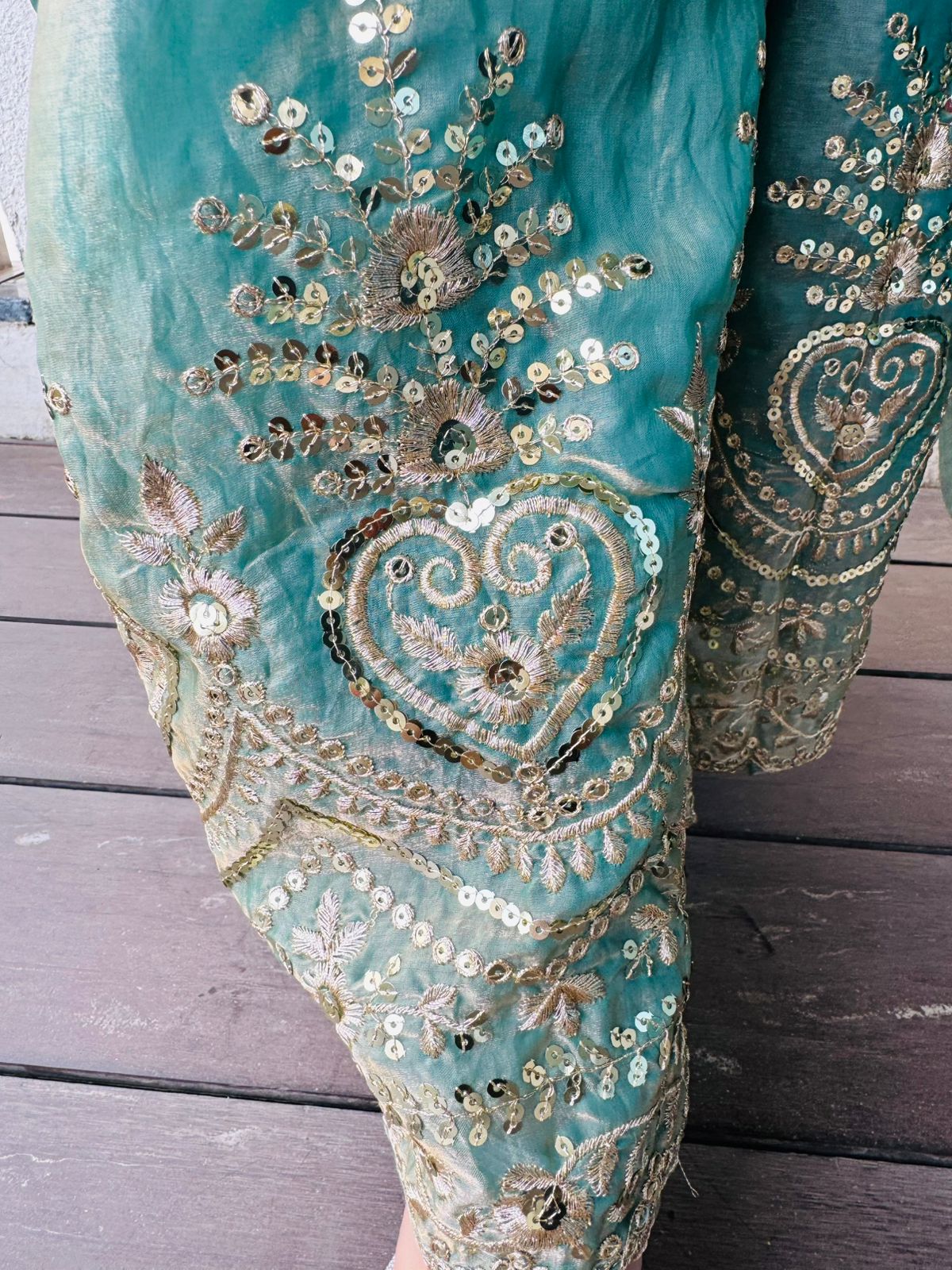 Vaelis | Emerald Green Organza Peplum Sharara Set with Heavy Sequin Zari Embroidery and Dupatta for Wedding & Festive Wear