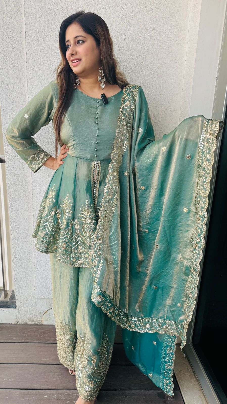 Vaelis | Emerald Green Organza Peplum Sharara Set with Heavy Sequin Zari Embroidery and Dupatta for Wedding & Festive Wear